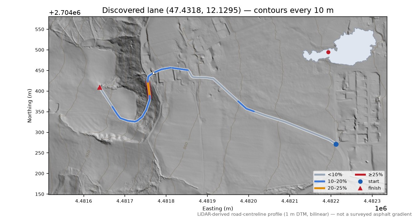 Discovered lane (47.4318, 12.1295) LiDAR hillshade map with contours