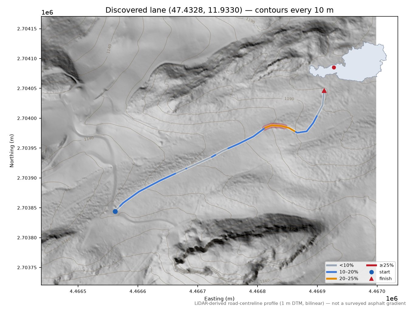 Discovered lane (47.4328, 11.9330) LiDAR hillshade map with contours