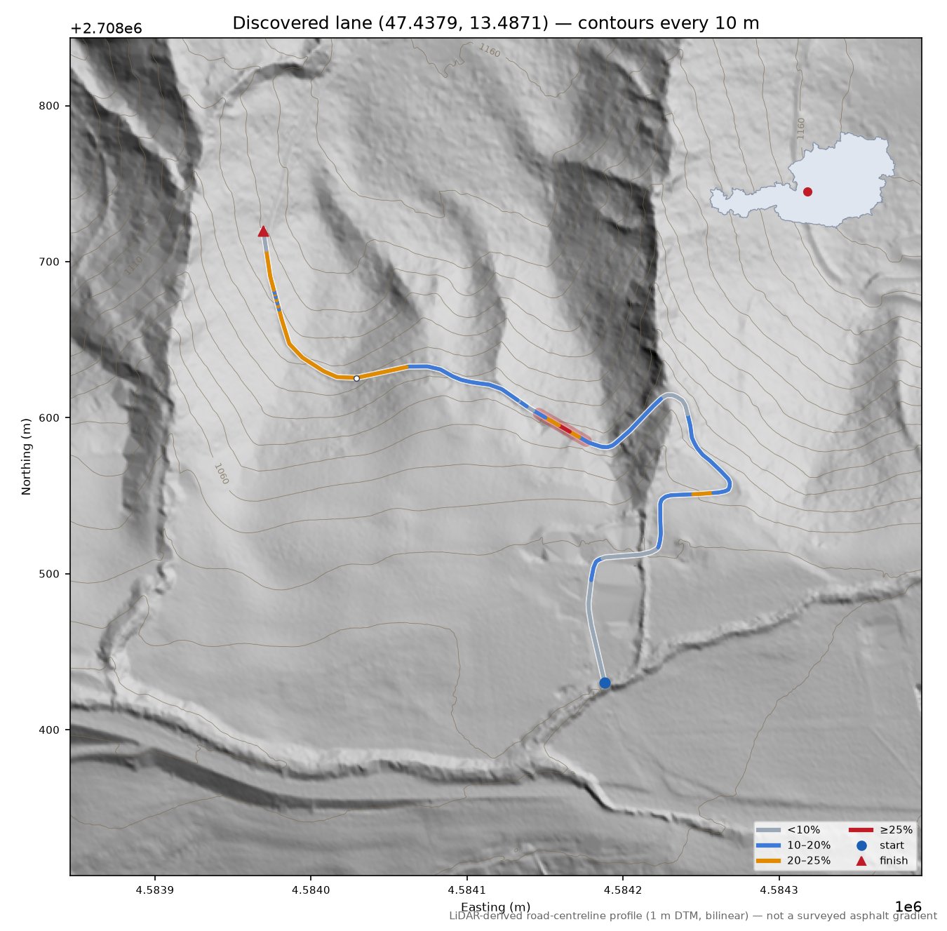 Discovered lane (47.4379, 13.4871) LiDAR hillshade map with contours