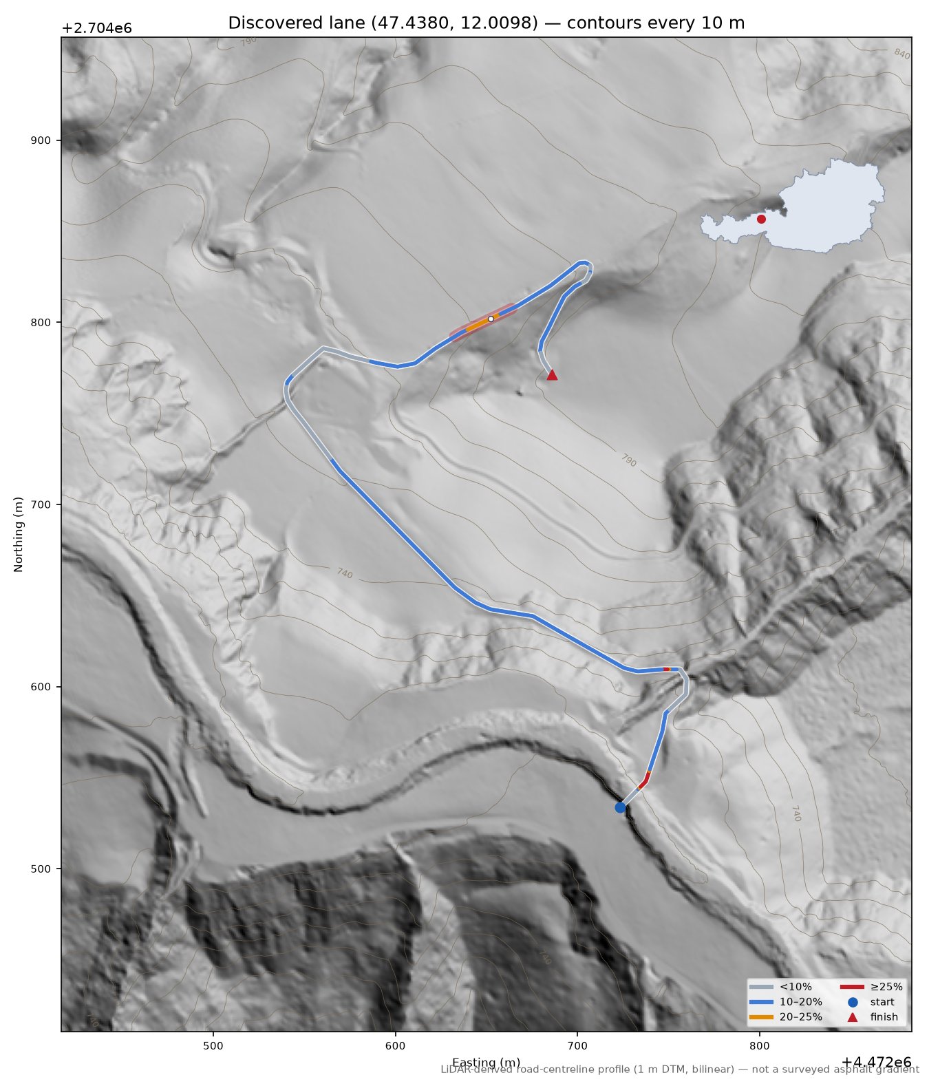Discovered lane (47.4380, 12.0098) LiDAR hillshade map with contours