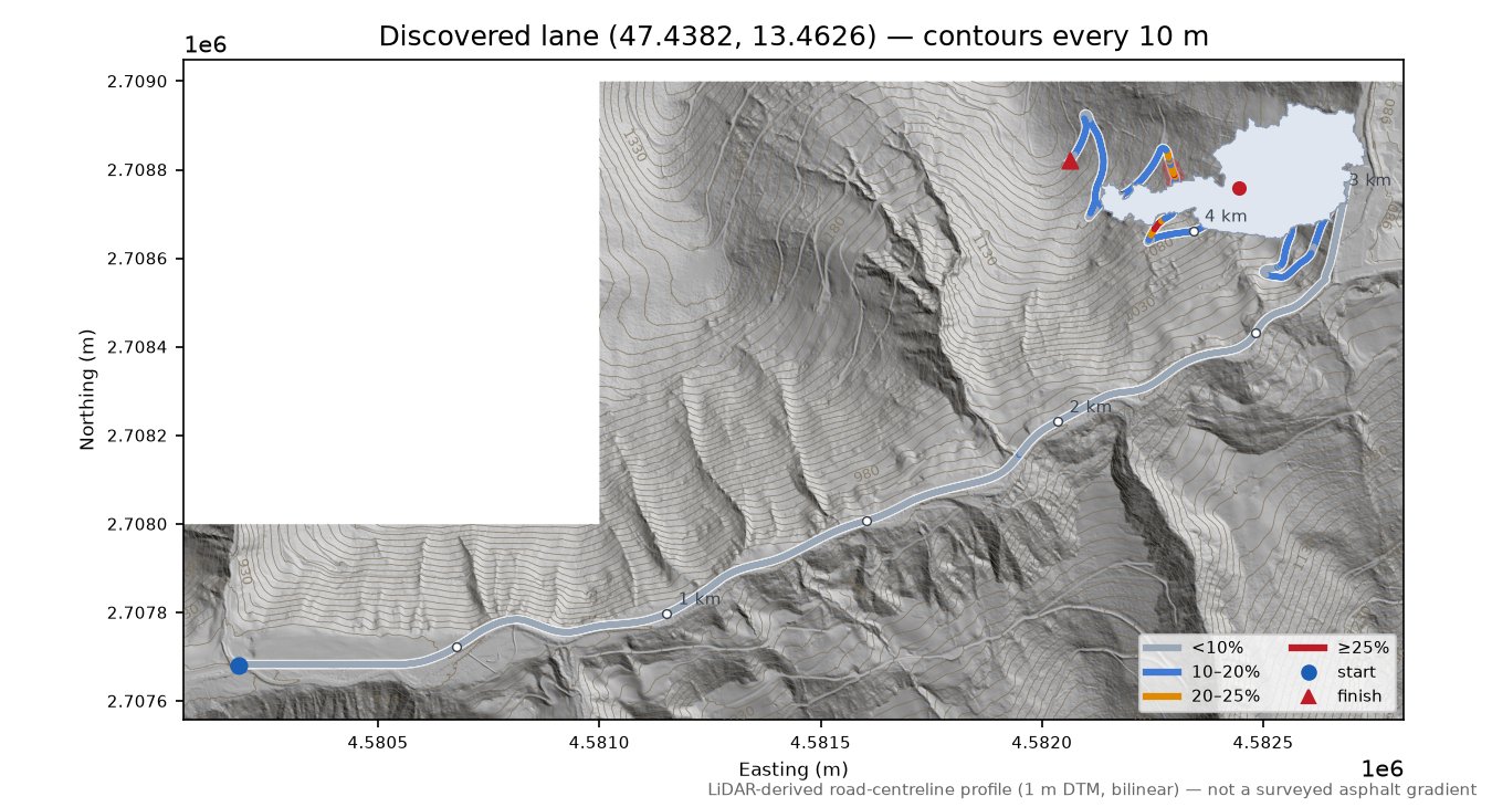 Discovered lane (47.4382, 13.4626) LiDAR hillshade map with contours