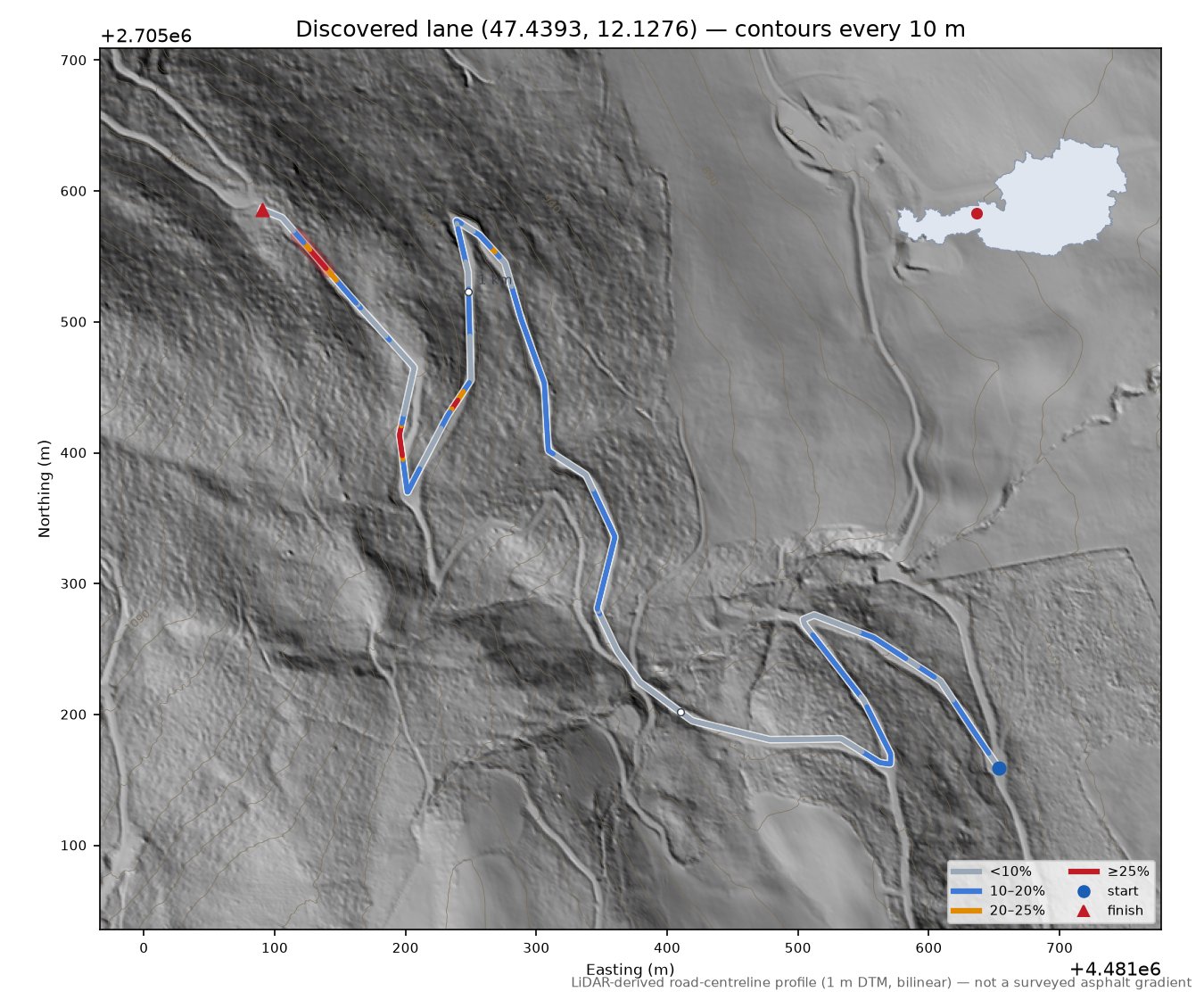Discovered lane (47.4393, 12.1276) LiDAR hillshade map with contours