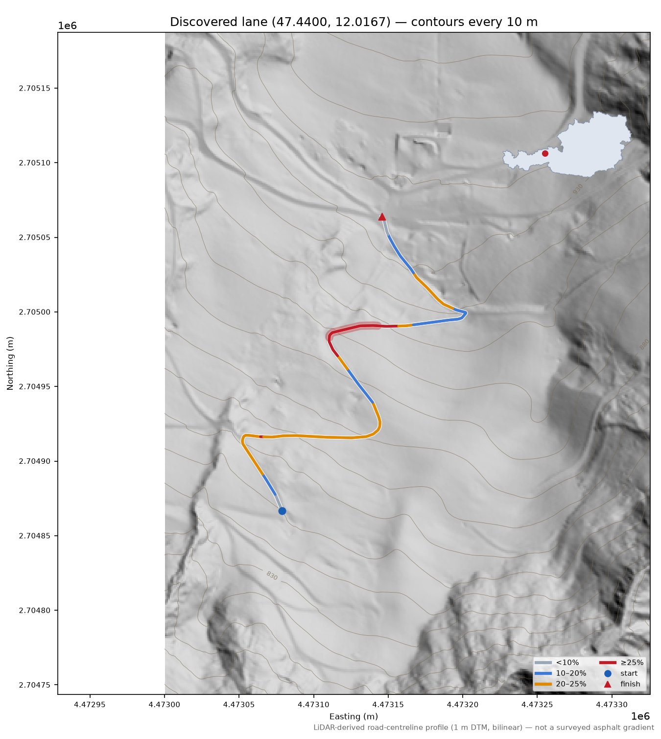 Discovered lane (47.4400, 12.0167) LiDAR hillshade map with contours