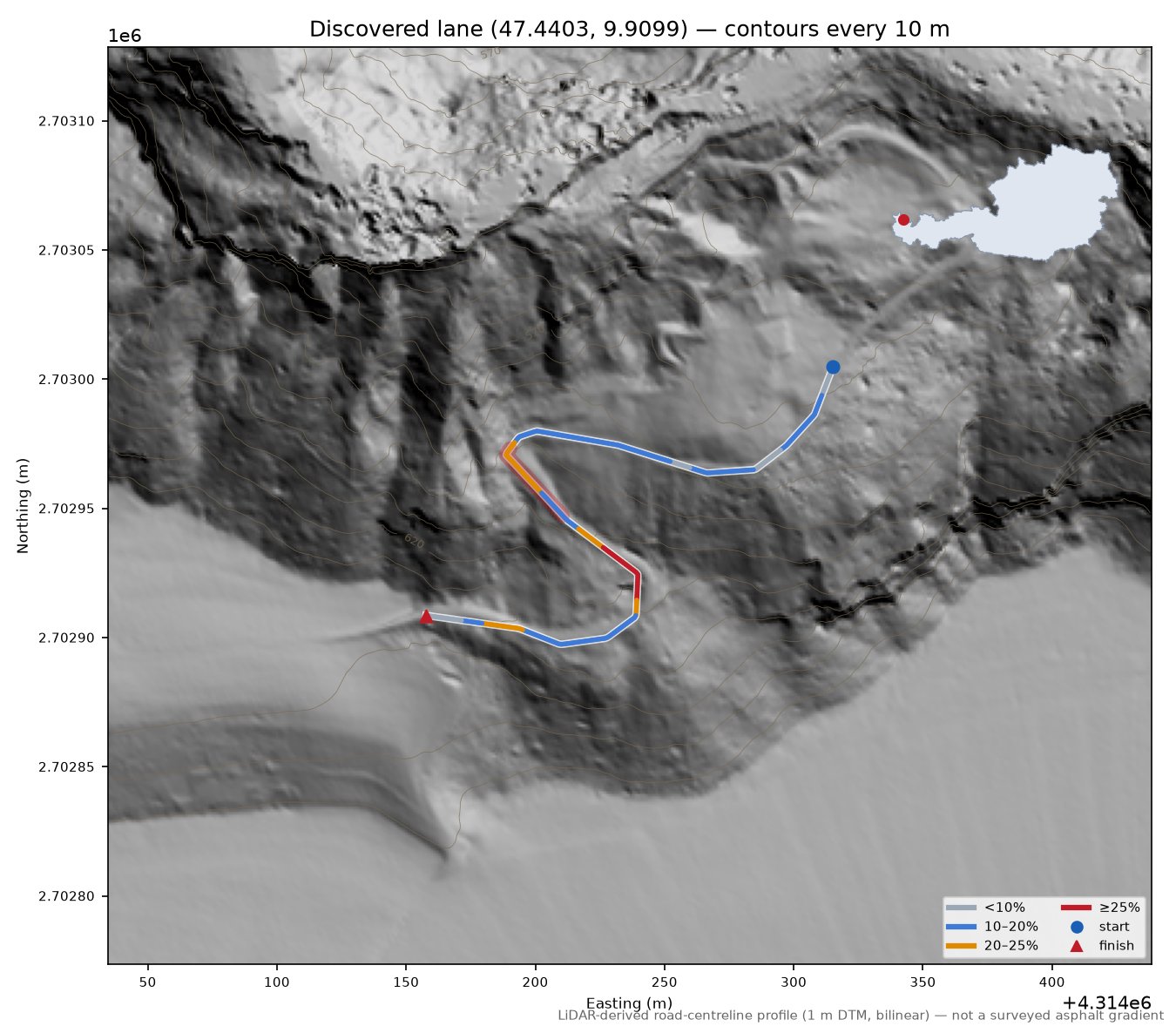 Discovered lane (47.4403, 9.9099) LiDAR hillshade map with contours
