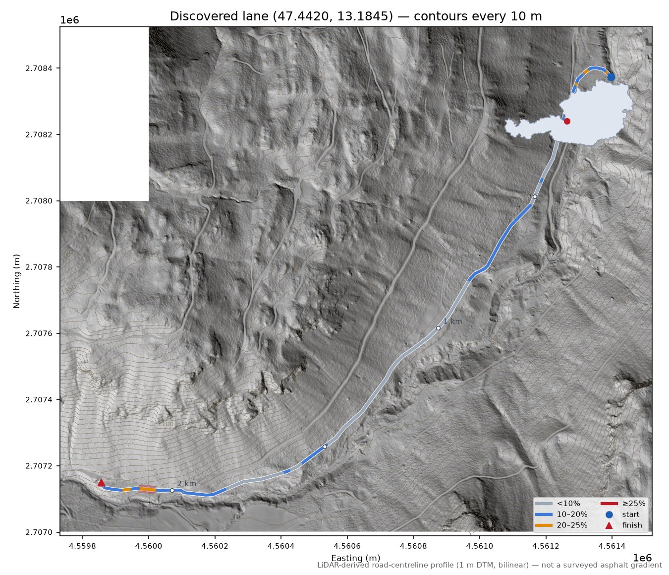Discovered lane (47.4420, 13.1845) LiDAR hillshade map with contours