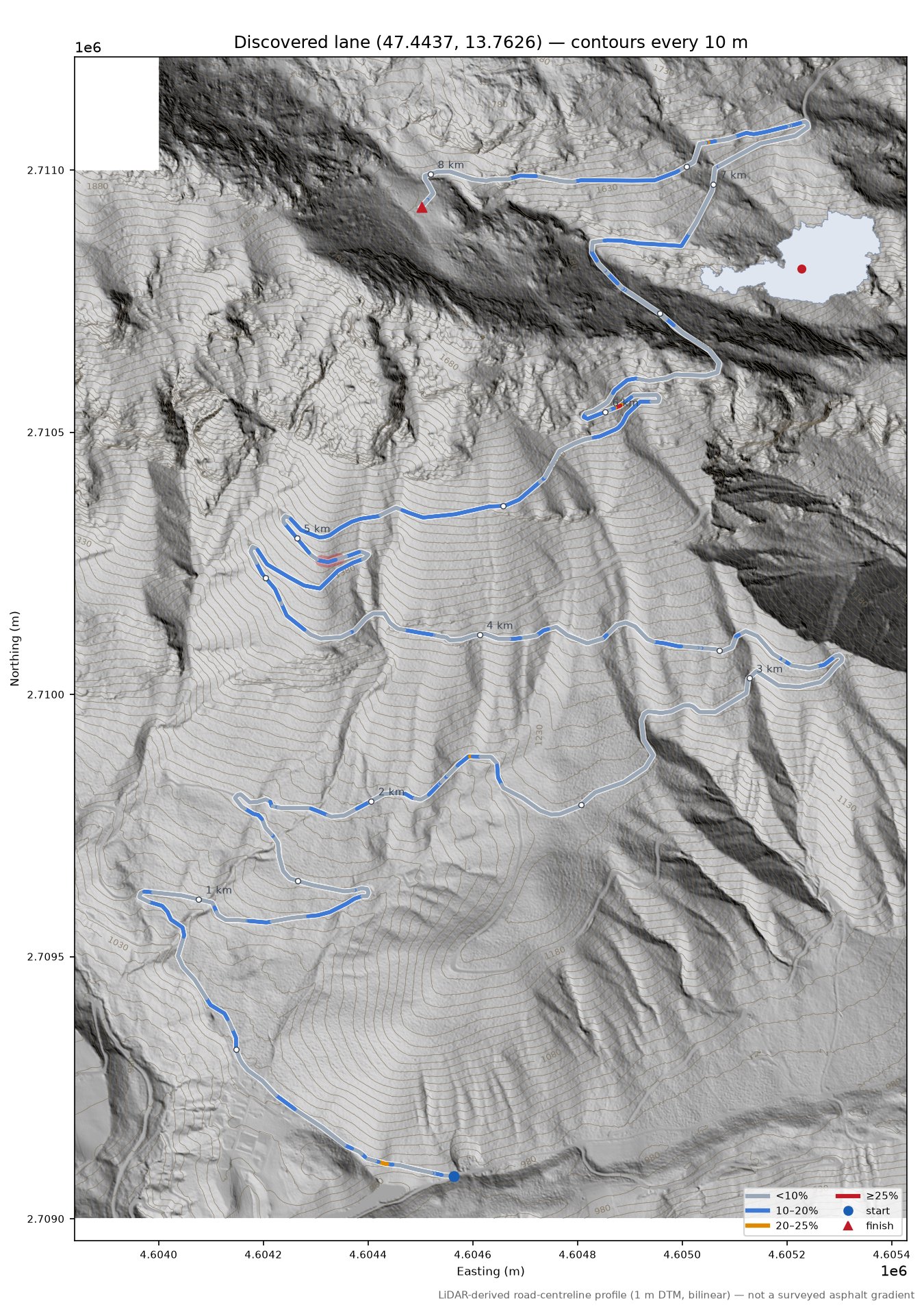 Discovered lane (47.4437, 13.7626) LiDAR hillshade map with contours