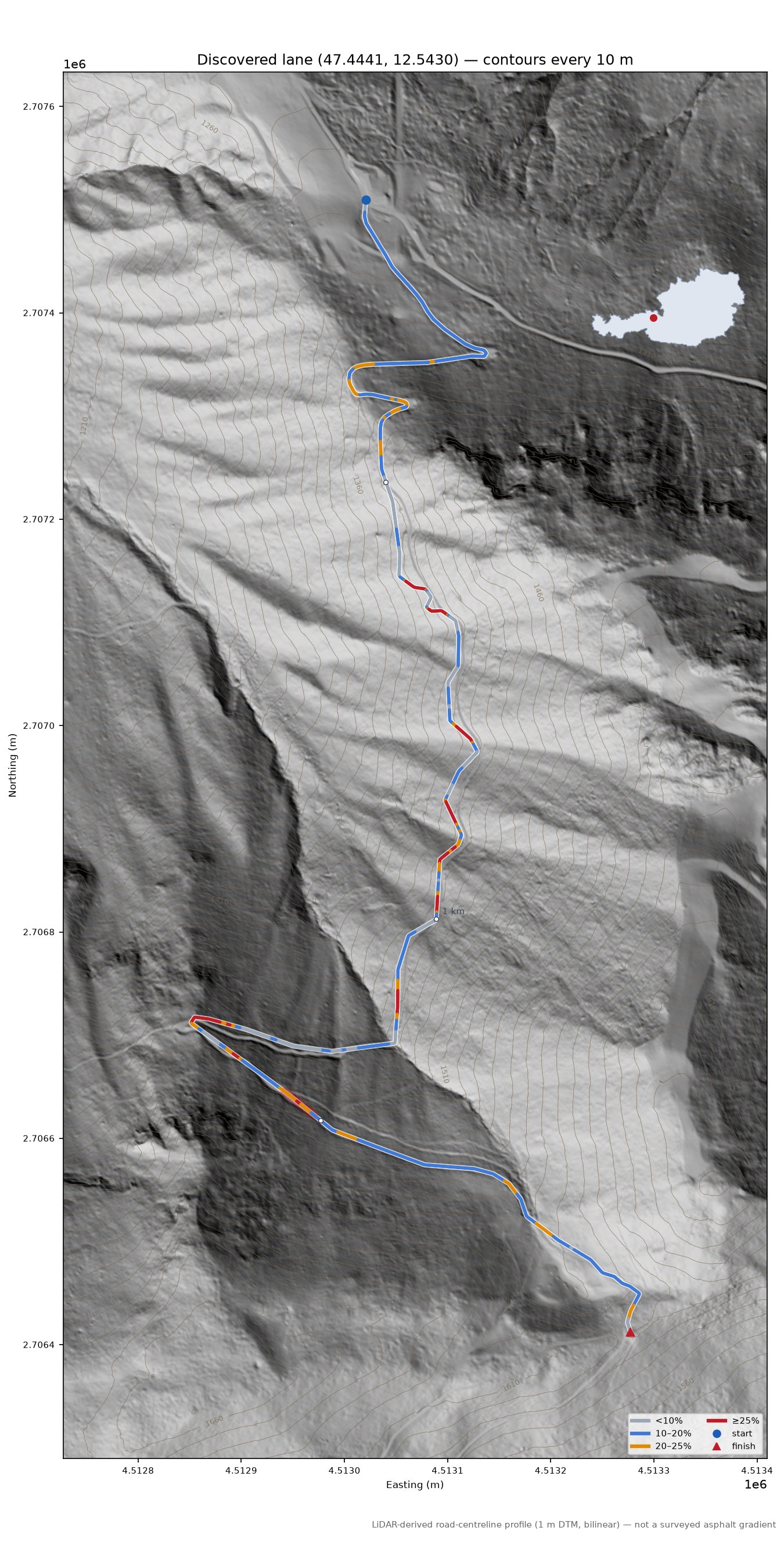 Discovered lane (47.4441, 12.5430) LiDAR hillshade map with contours
