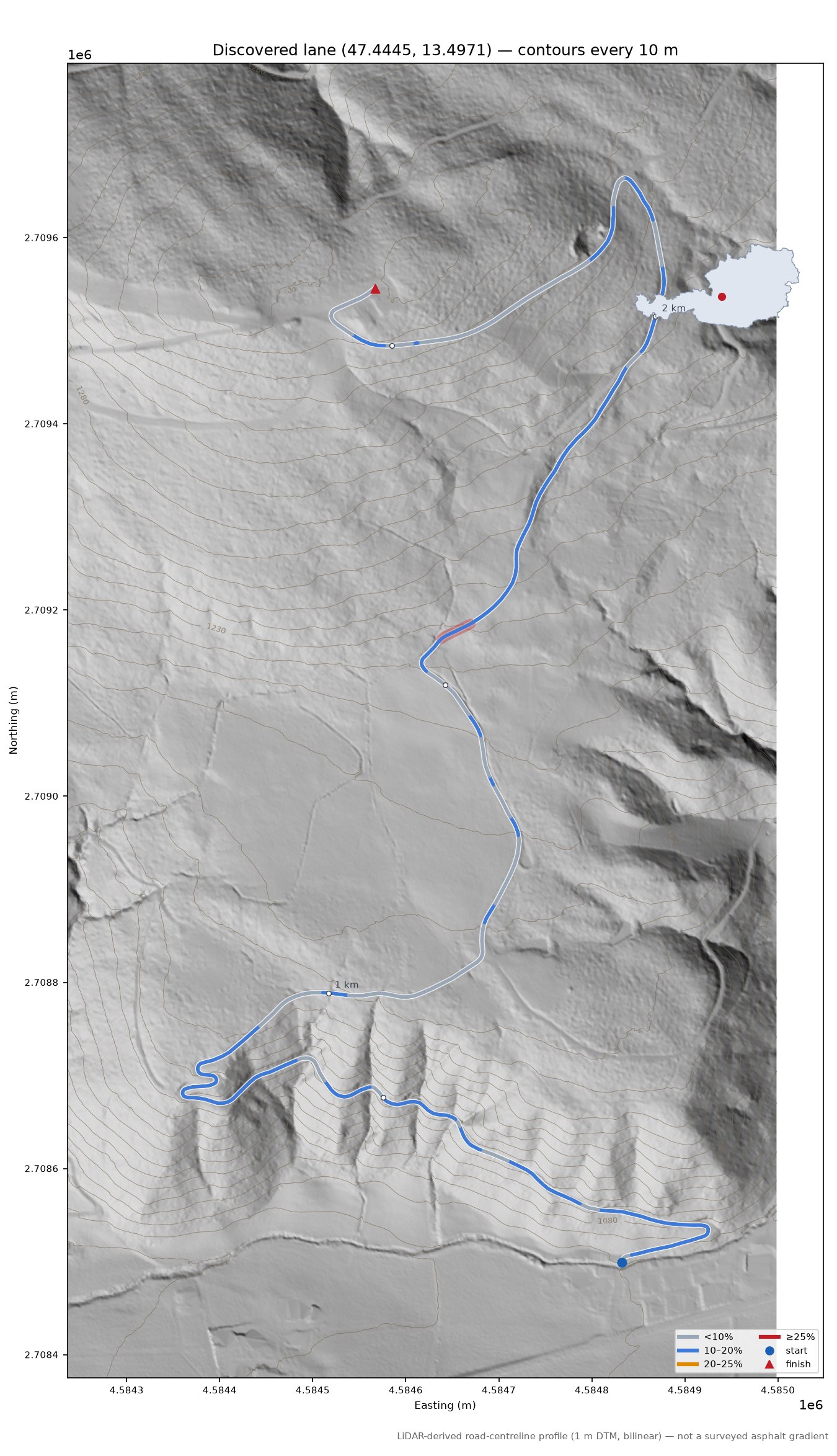 Discovered lane (47.4445, 13.4971) LiDAR hillshade map with contours