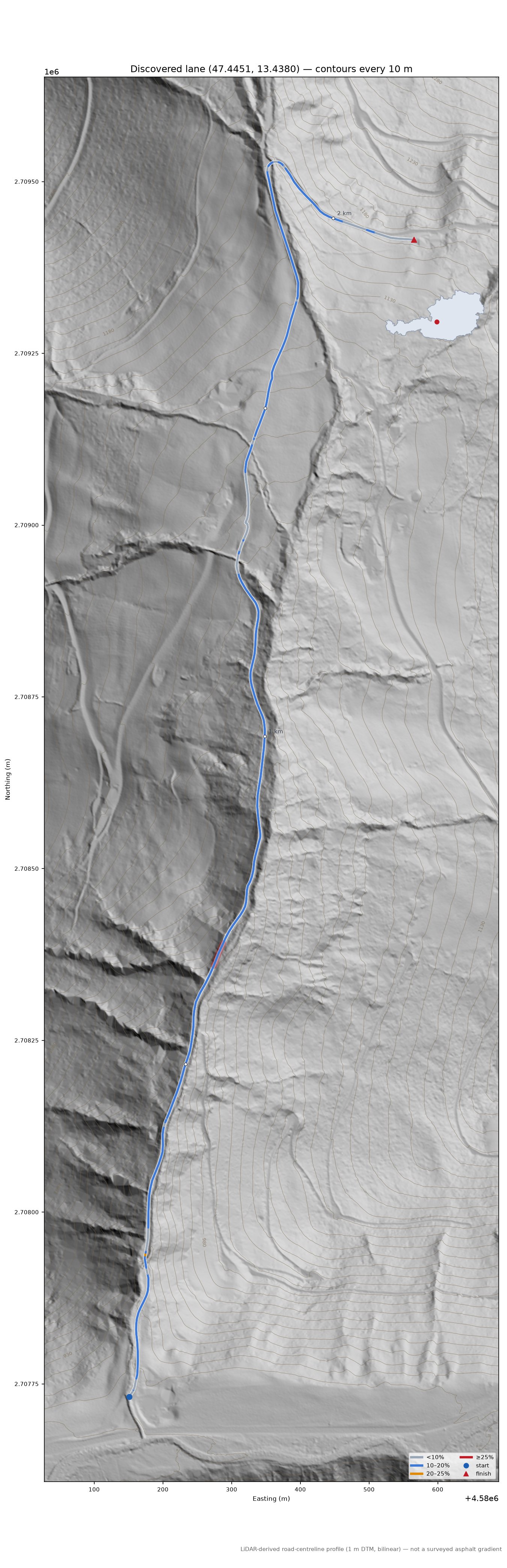 Discovered lane (47.4451, 13.4380) LiDAR hillshade map with contours