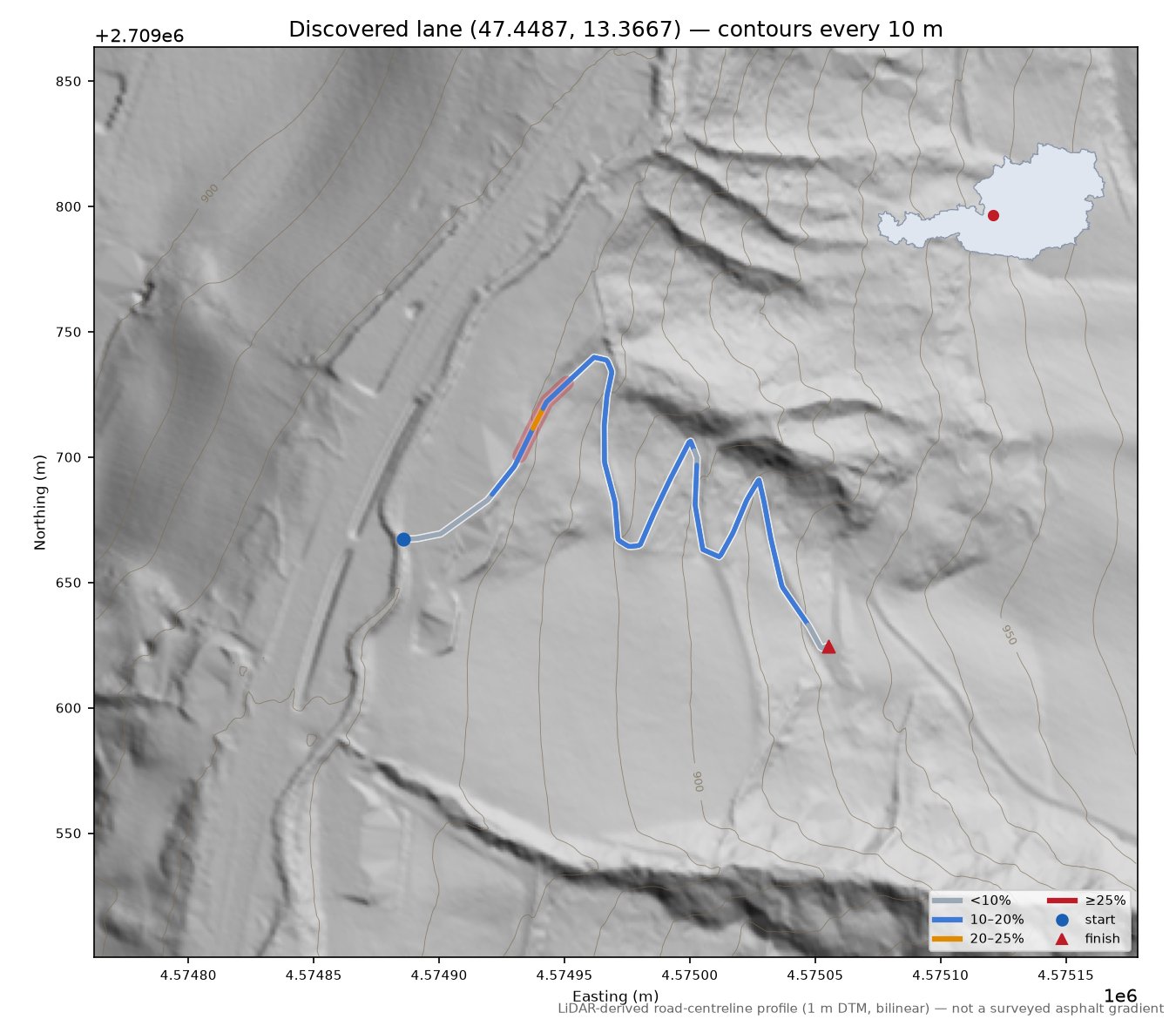 Discovered lane (47.4487, 13.3667) LiDAR hillshade map with contours