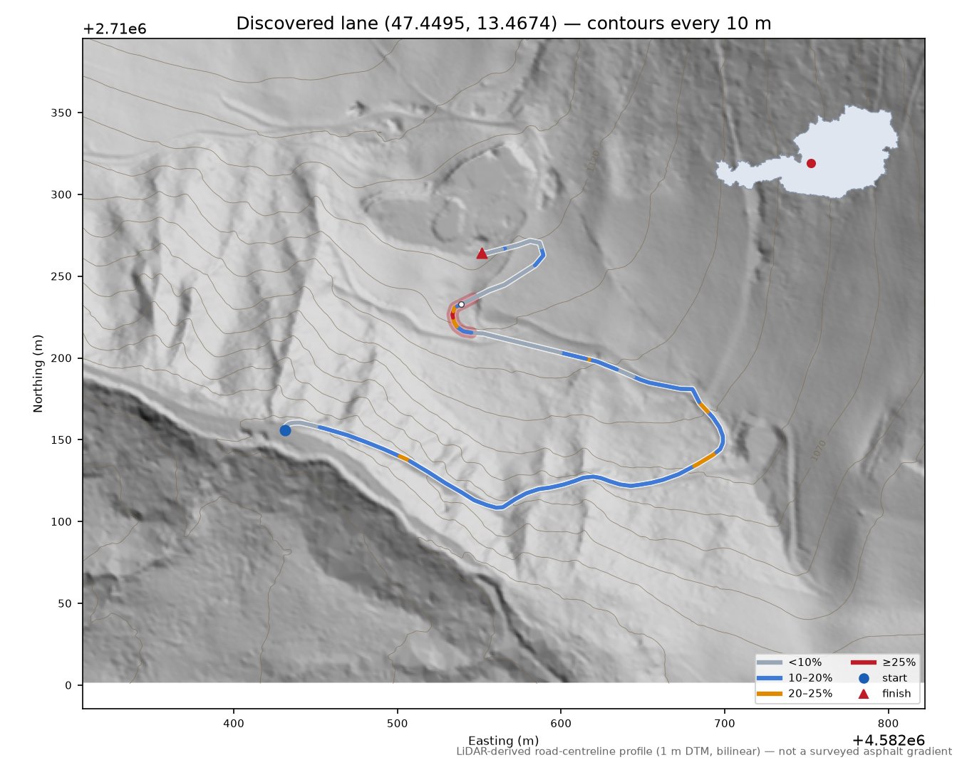 Discovered lane (47.4495, 13.4674) LiDAR hillshade map with contours