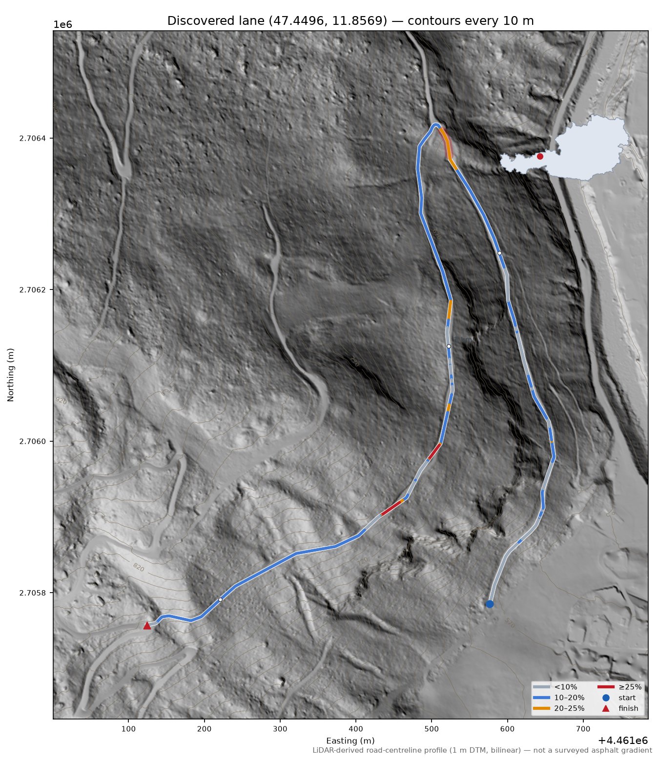 Discovered lane (47.4496, 11.8569) LiDAR hillshade map with contours