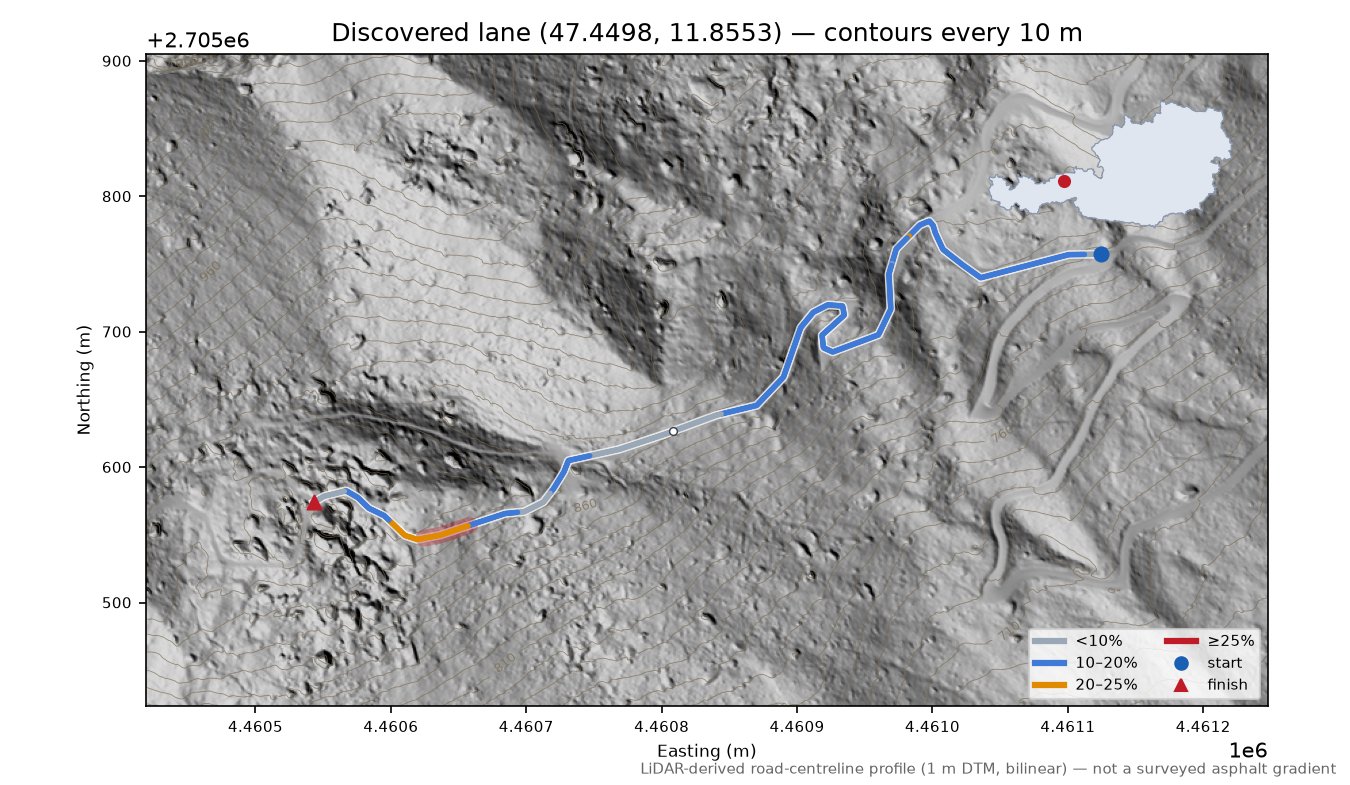 Discovered lane (47.4498, 11.8553) LiDAR hillshade map with contours