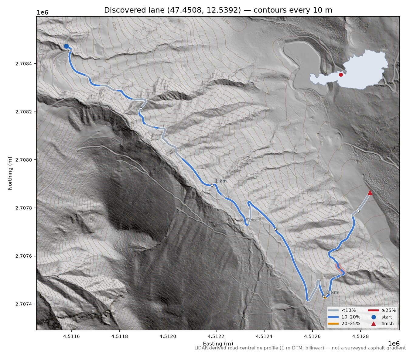 Discovered lane (47.4508, 12.5392) LiDAR hillshade map with contours