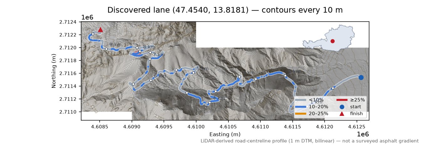 Discovered lane (47.4540, 13.8181) LiDAR hillshade map with contours