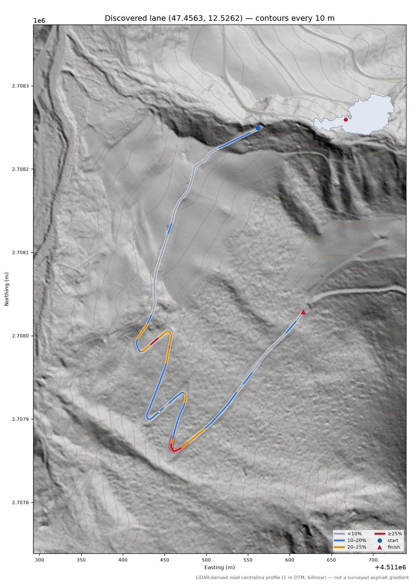 Discovered lane (47.4563, 12.5262) LiDAR hillshade map with contours