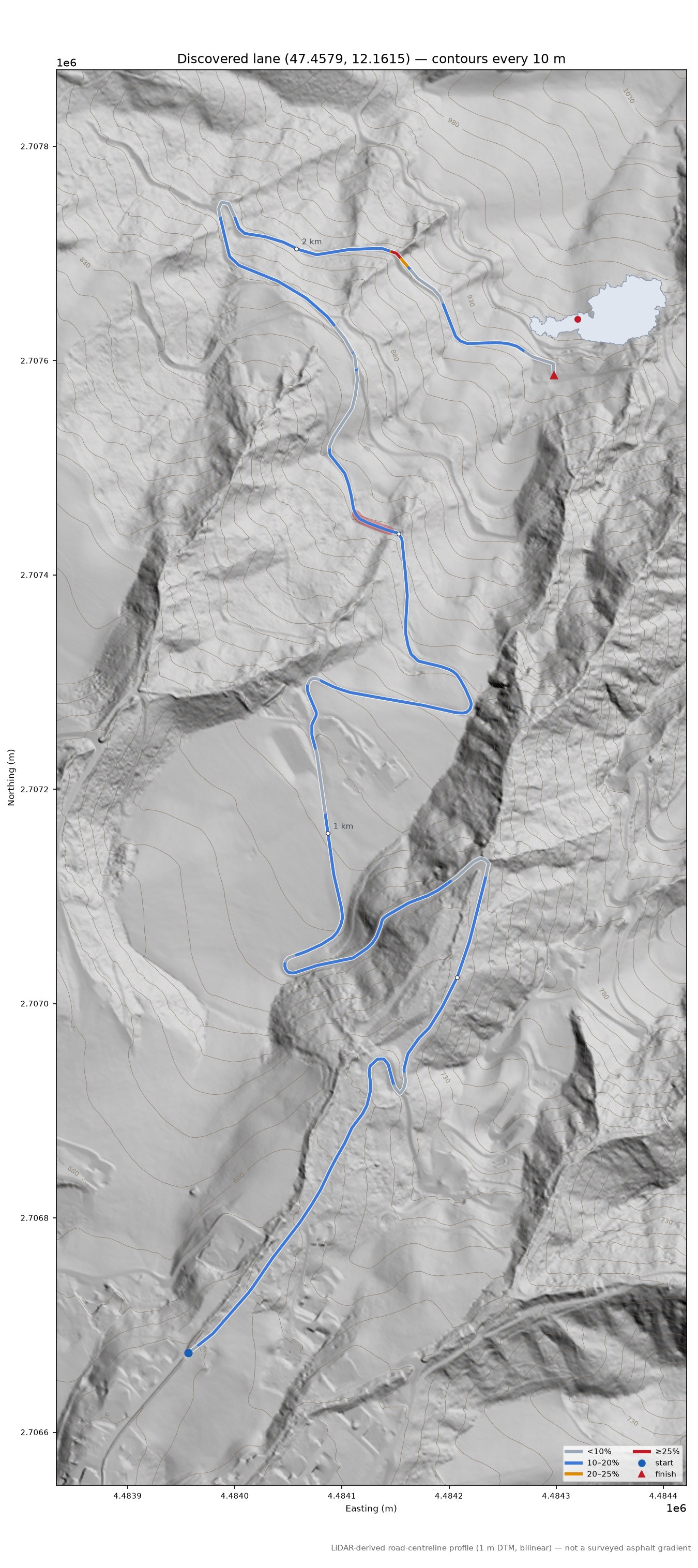 Discovered lane (47.4579, 12.1615) LiDAR hillshade map with contours