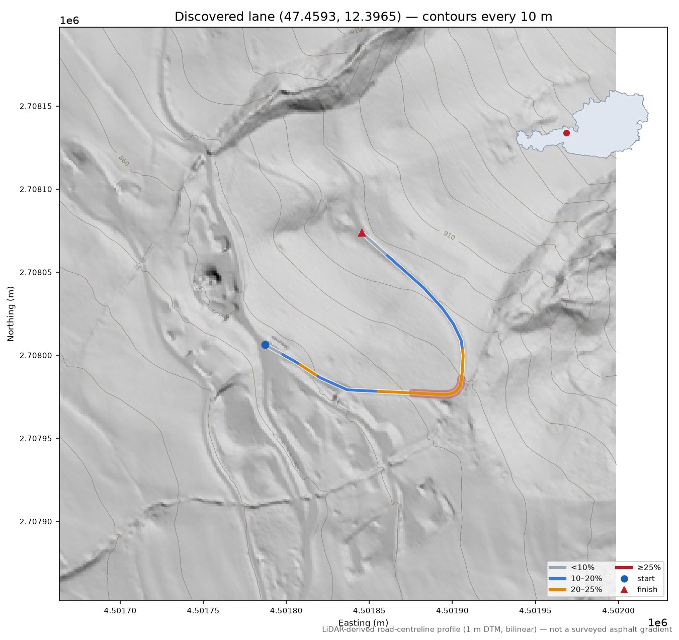 Discovered lane (47.4593, 12.3965) LiDAR hillshade map with contours