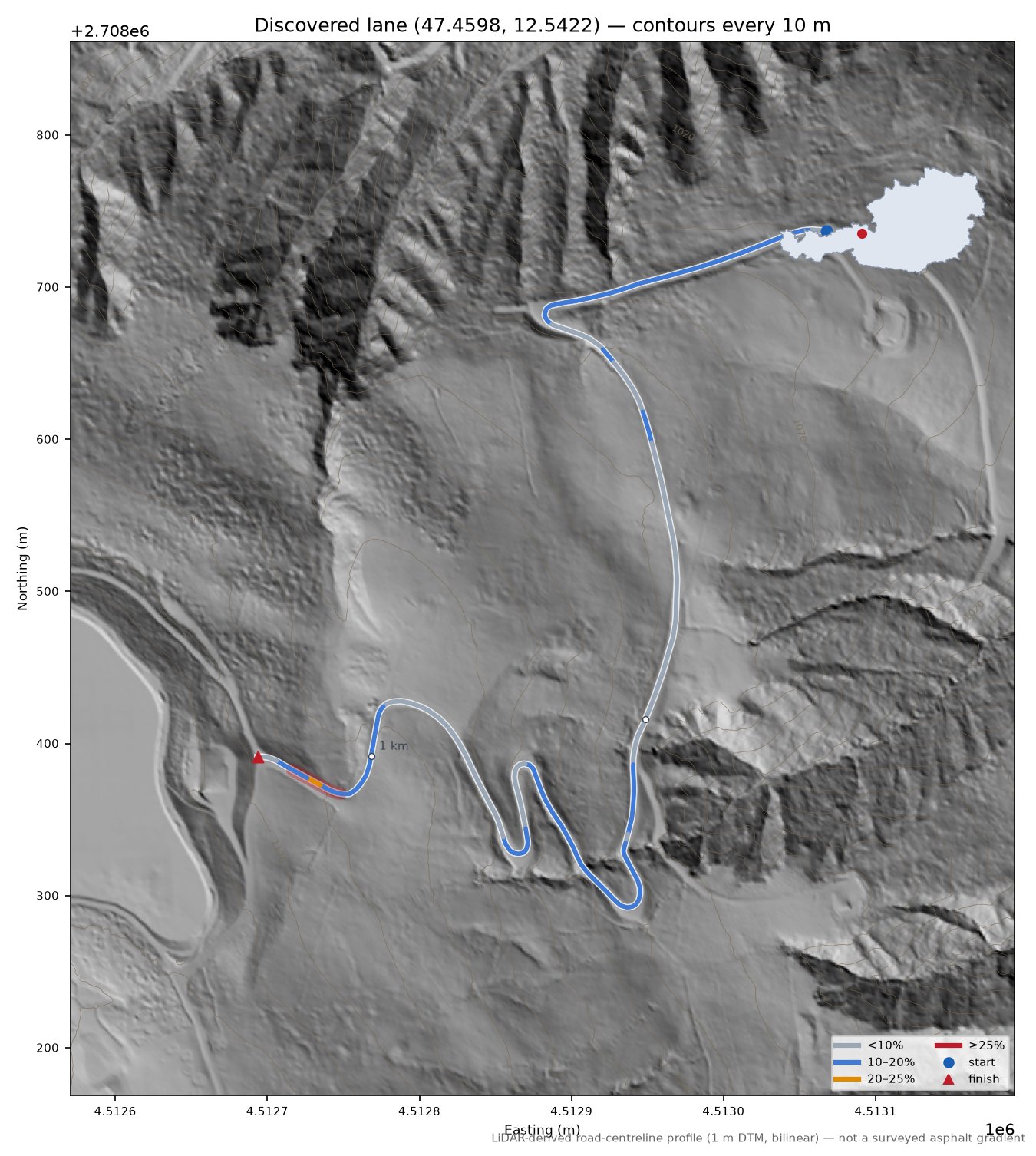 Discovered lane (47.4598, 12.5422) LiDAR hillshade map with contours