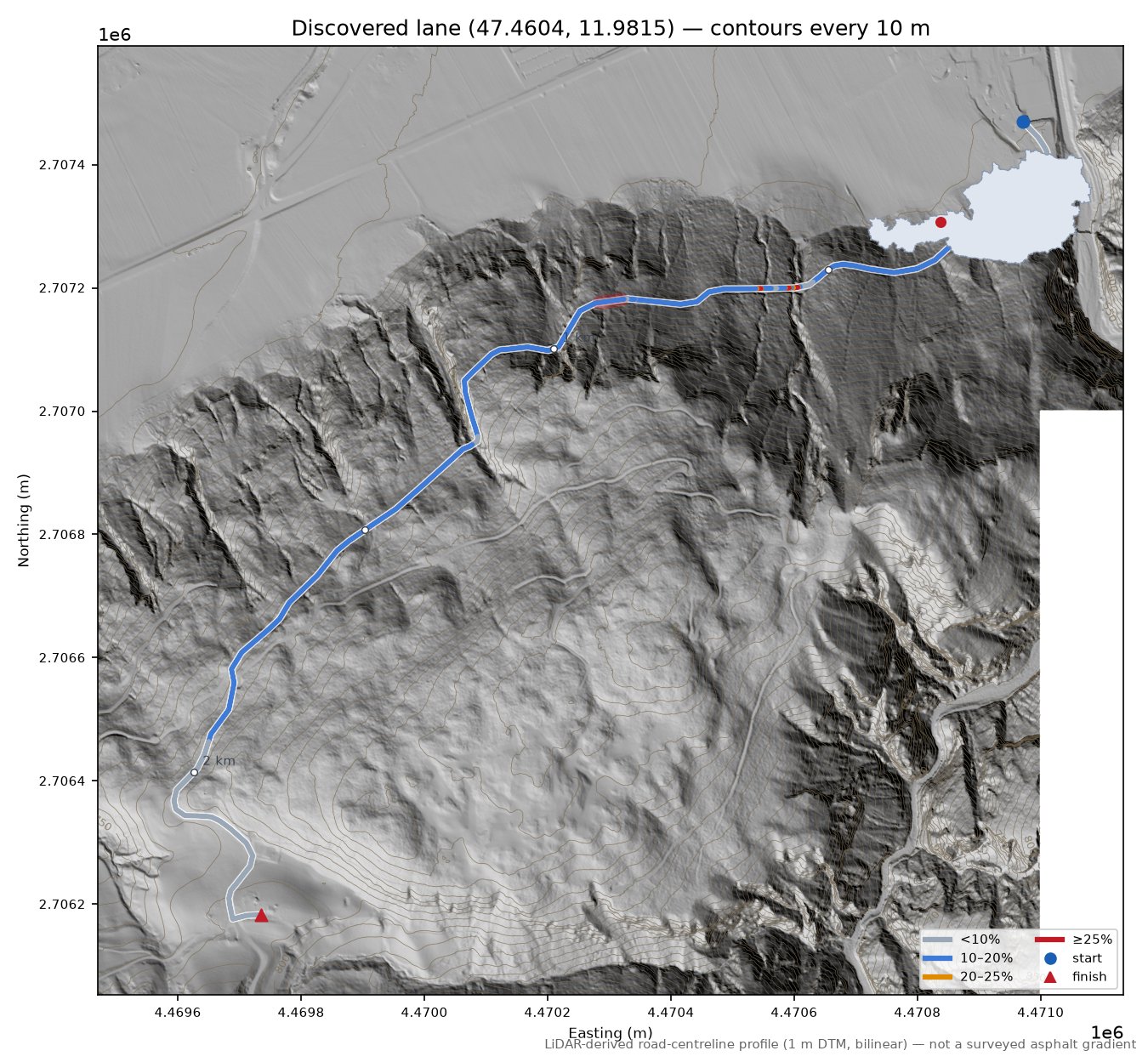 Discovered lane (47.4604, 11.9815) LiDAR hillshade map with contours
