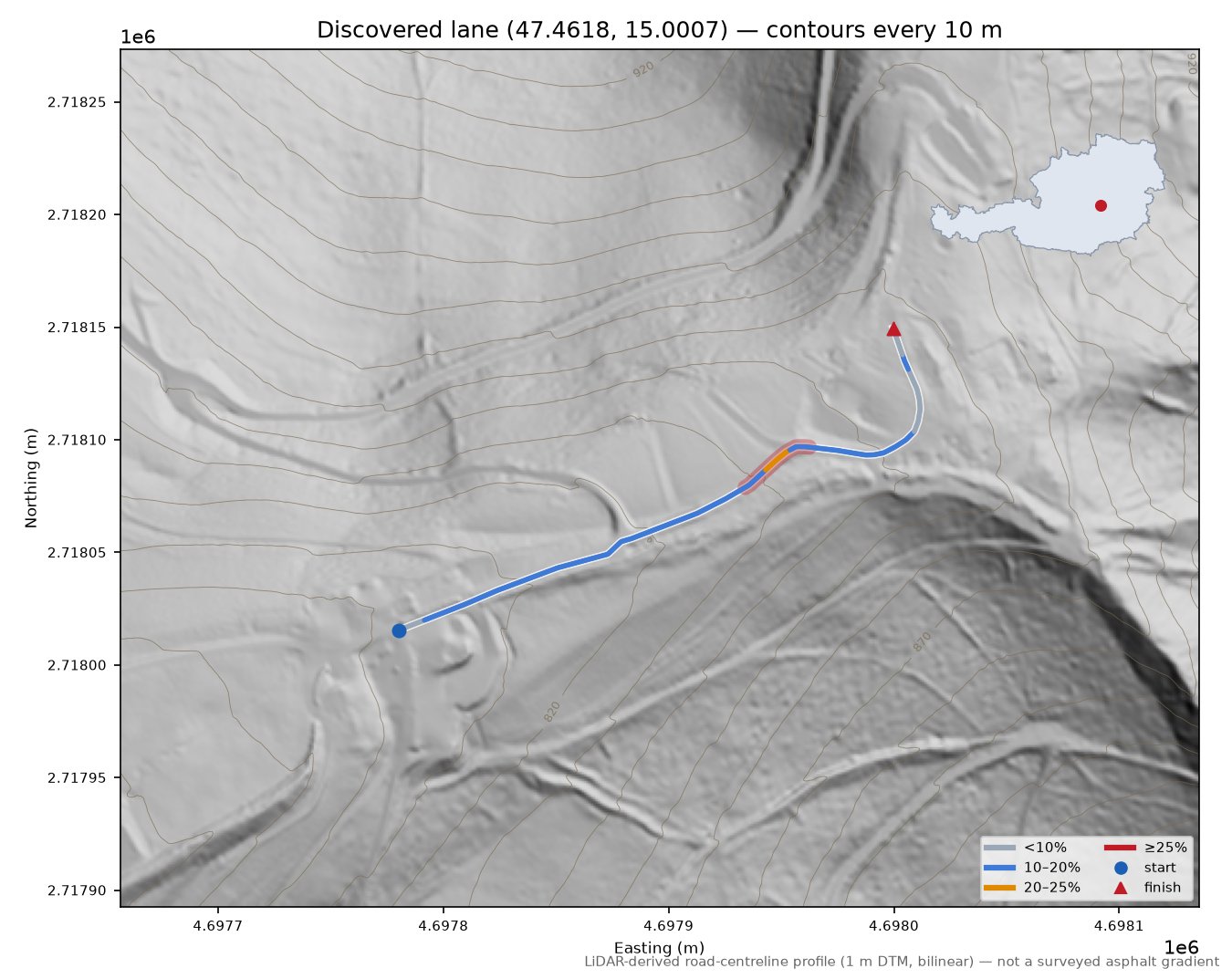 Discovered lane (47.4618, 15.0007) LiDAR hillshade map with contours