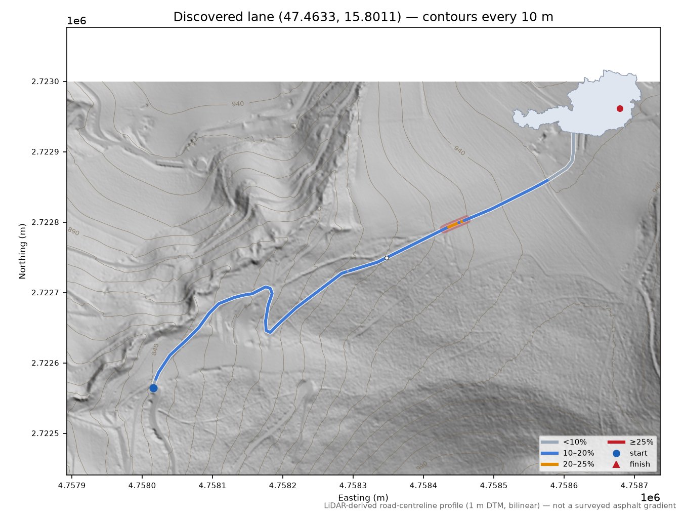 Discovered lane (47.4633, 15.8011) LiDAR hillshade map with contours