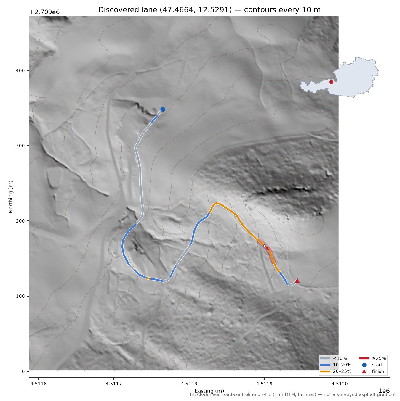 Discovered lane (47.4664, 12.5291) LiDAR hillshade map with contours