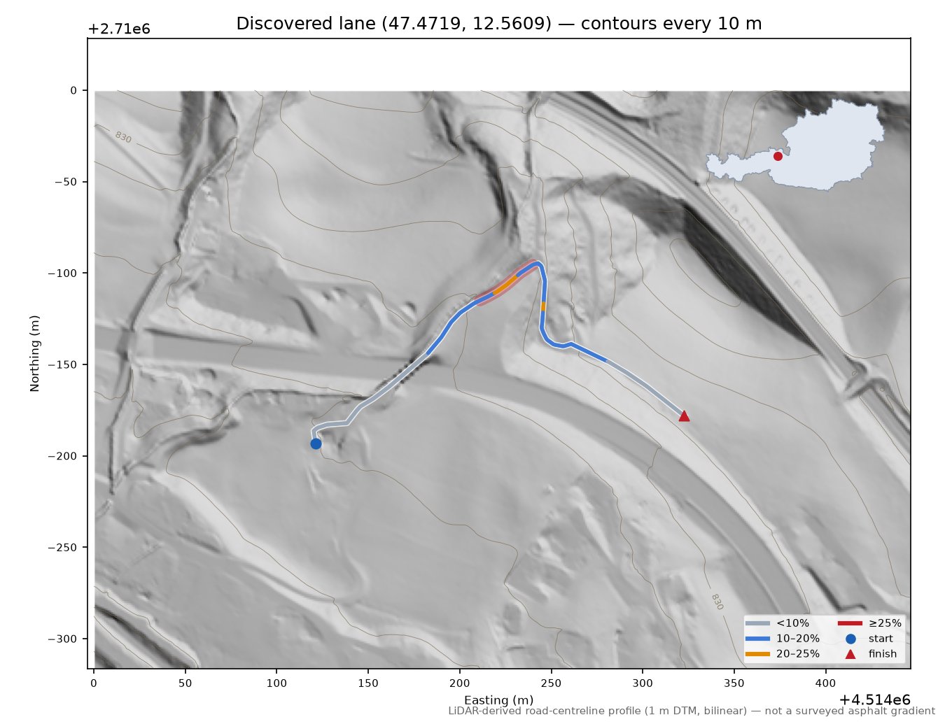 Discovered lane (47.4719, 12.5609) LiDAR hillshade map with contours
