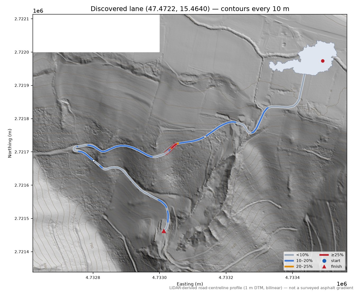 Discovered lane (47.4722, 15.4640) LiDAR hillshade map with contours
