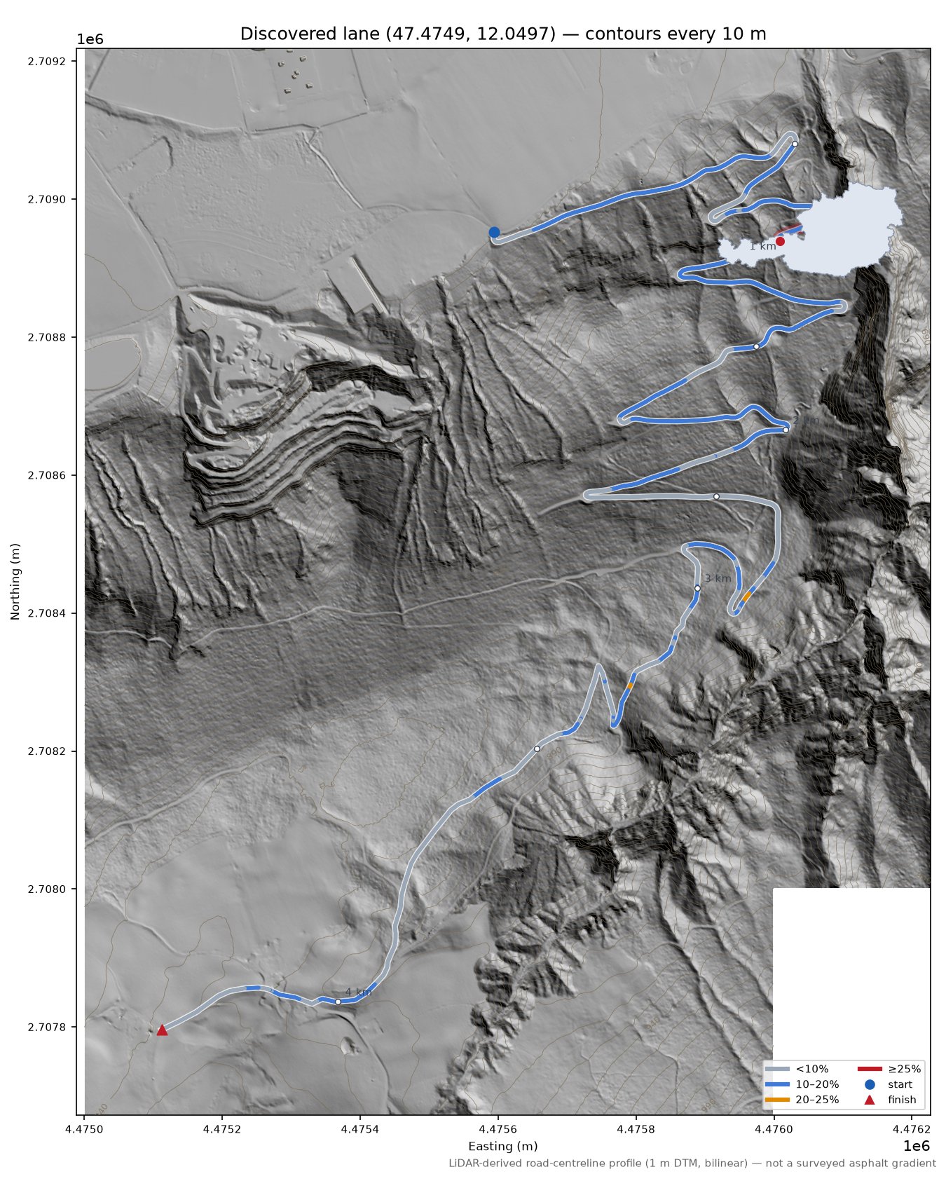 Discovered lane (47.4749, 12.0497) LiDAR hillshade map with contours