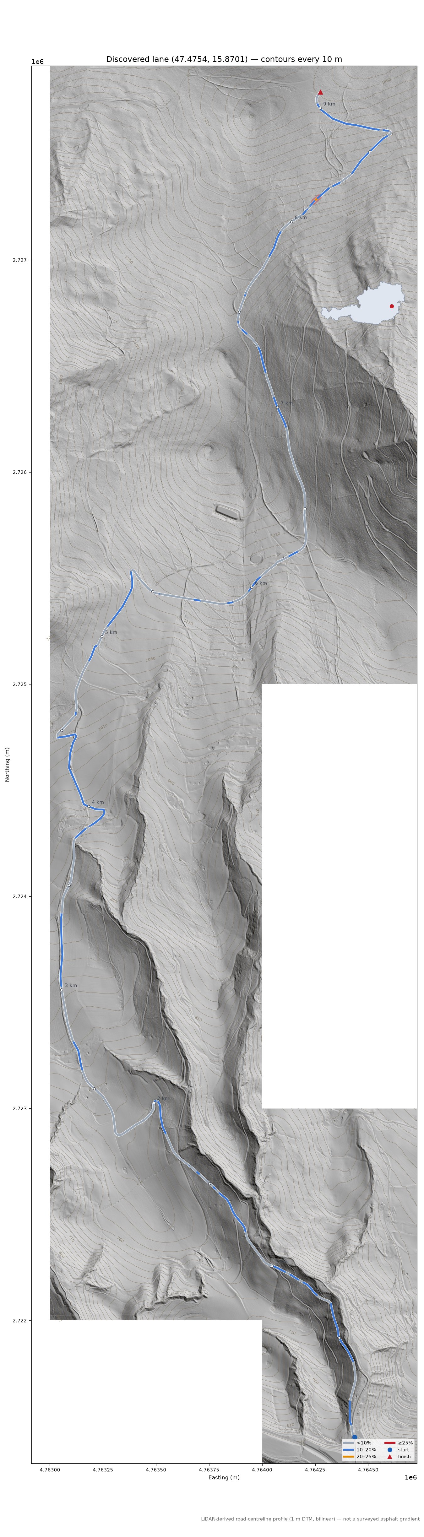 Discovered lane (47.4754, 15.8701) LiDAR hillshade map with contours