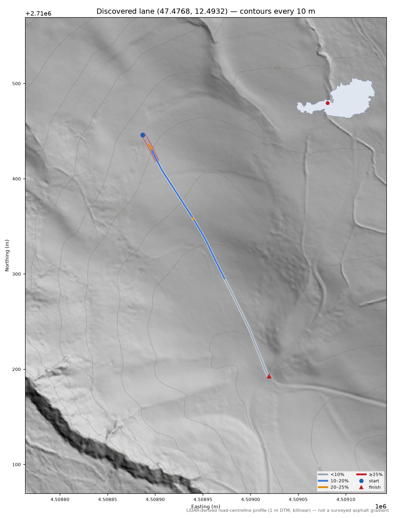 Discovered lane (47.4768, 12.4932) LiDAR hillshade map with contours