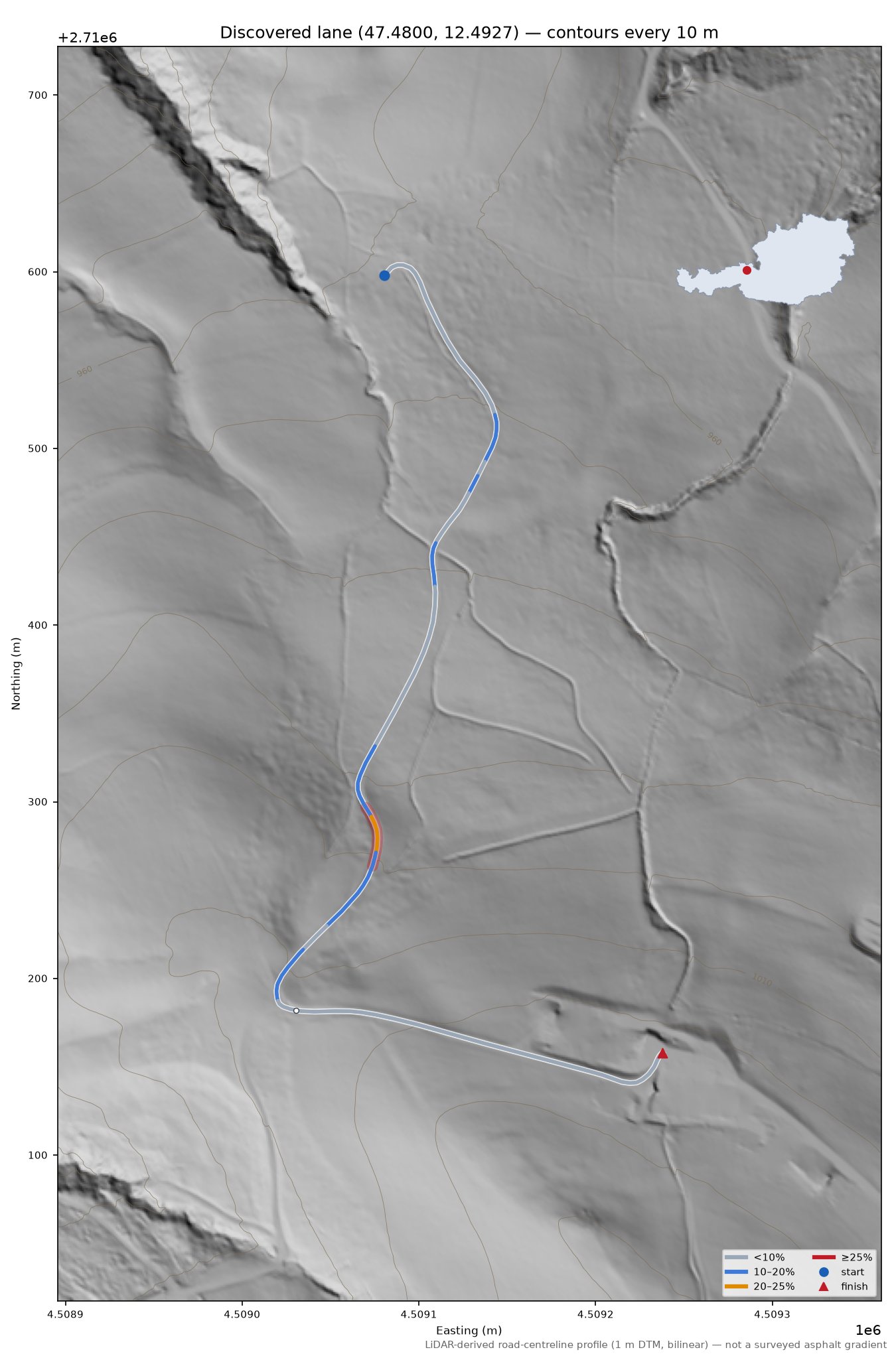 Discovered lane (47.4800, 12.4927) LiDAR hillshade map with contours
