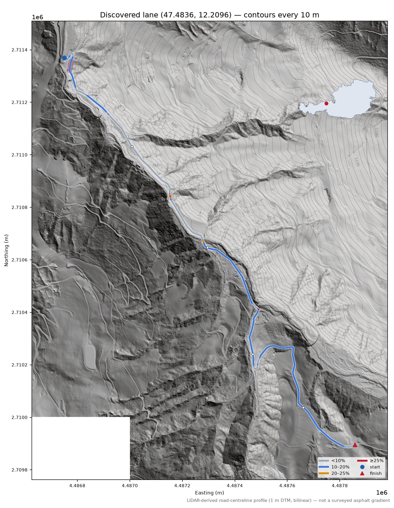 Discovered lane (47.4836, 12.2096) LiDAR hillshade map with contours