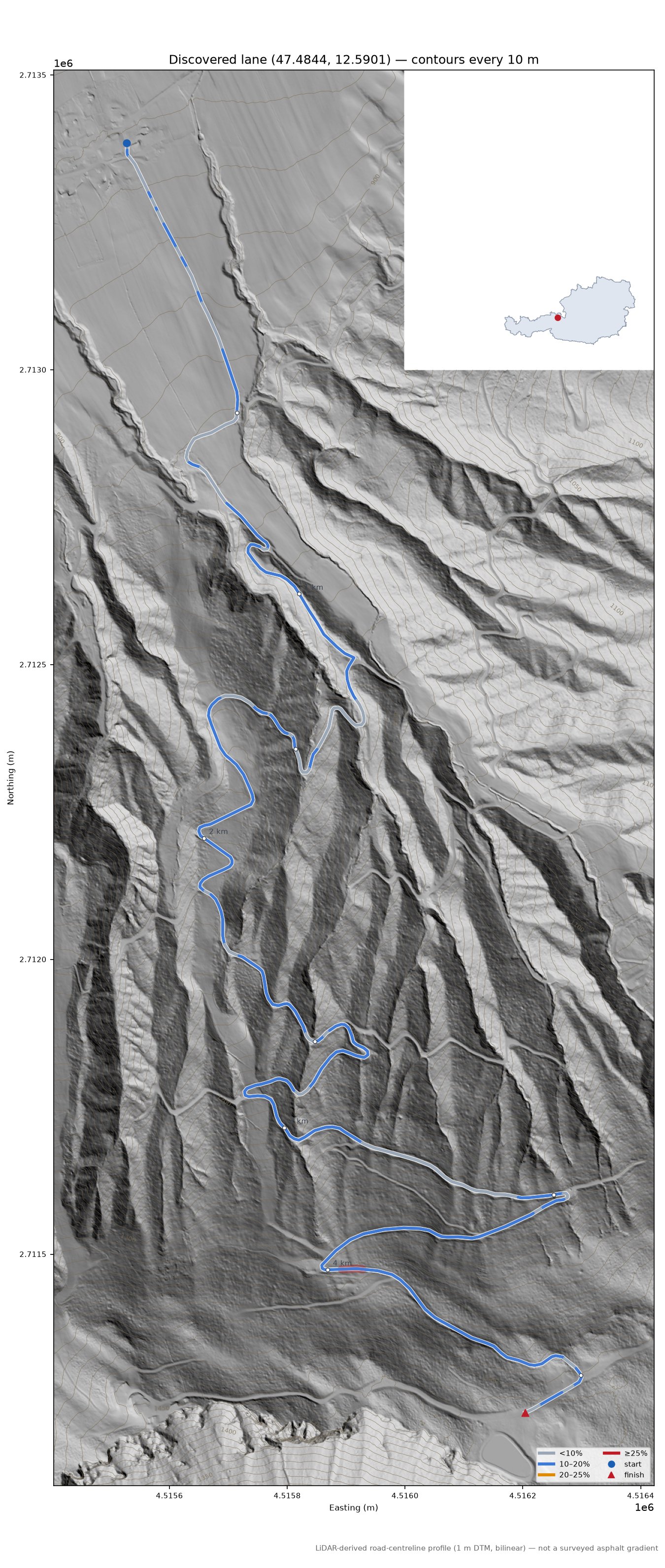 Discovered lane (47.4844, 12.5901) LiDAR hillshade map with contours