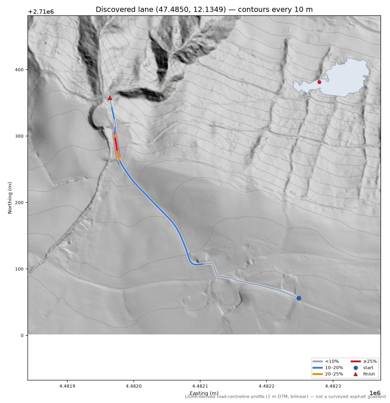 Discovered lane (47.4850, 12.1349) LiDAR hillshade map with contours