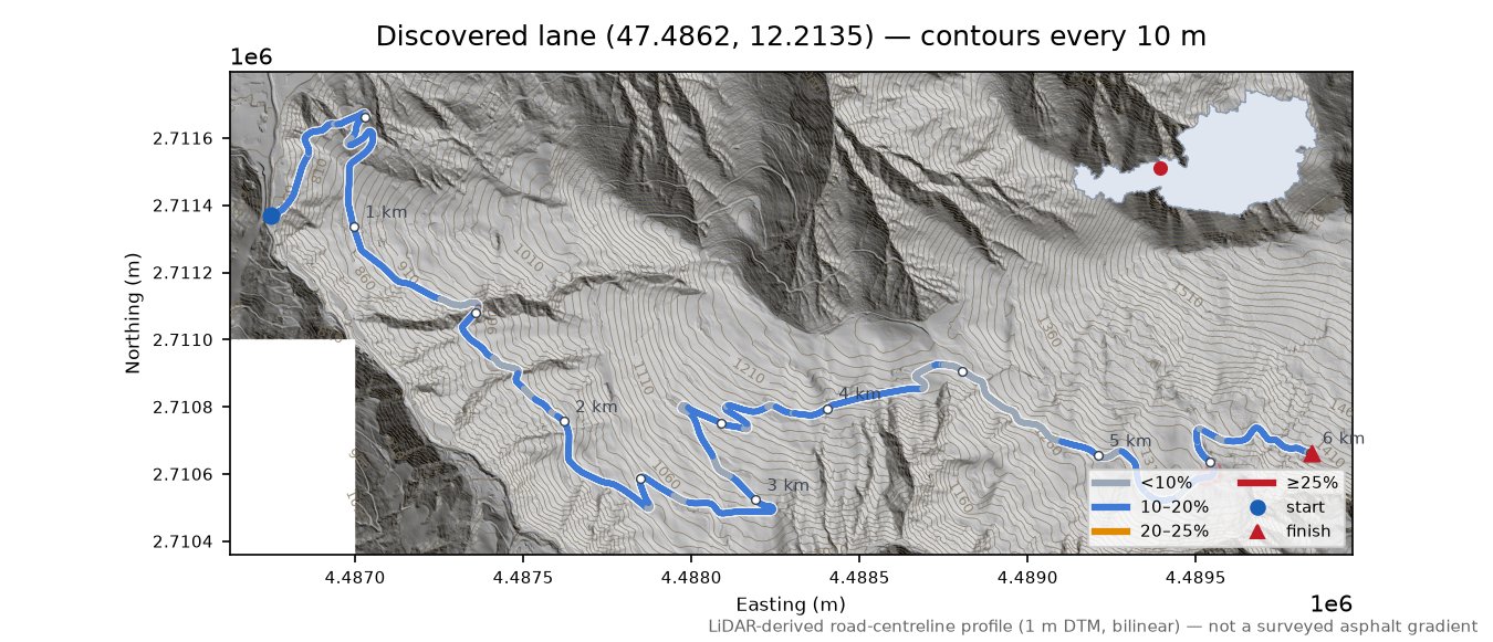 Discovered lane (47.4862, 12.2135) LiDAR hillshade map with contours