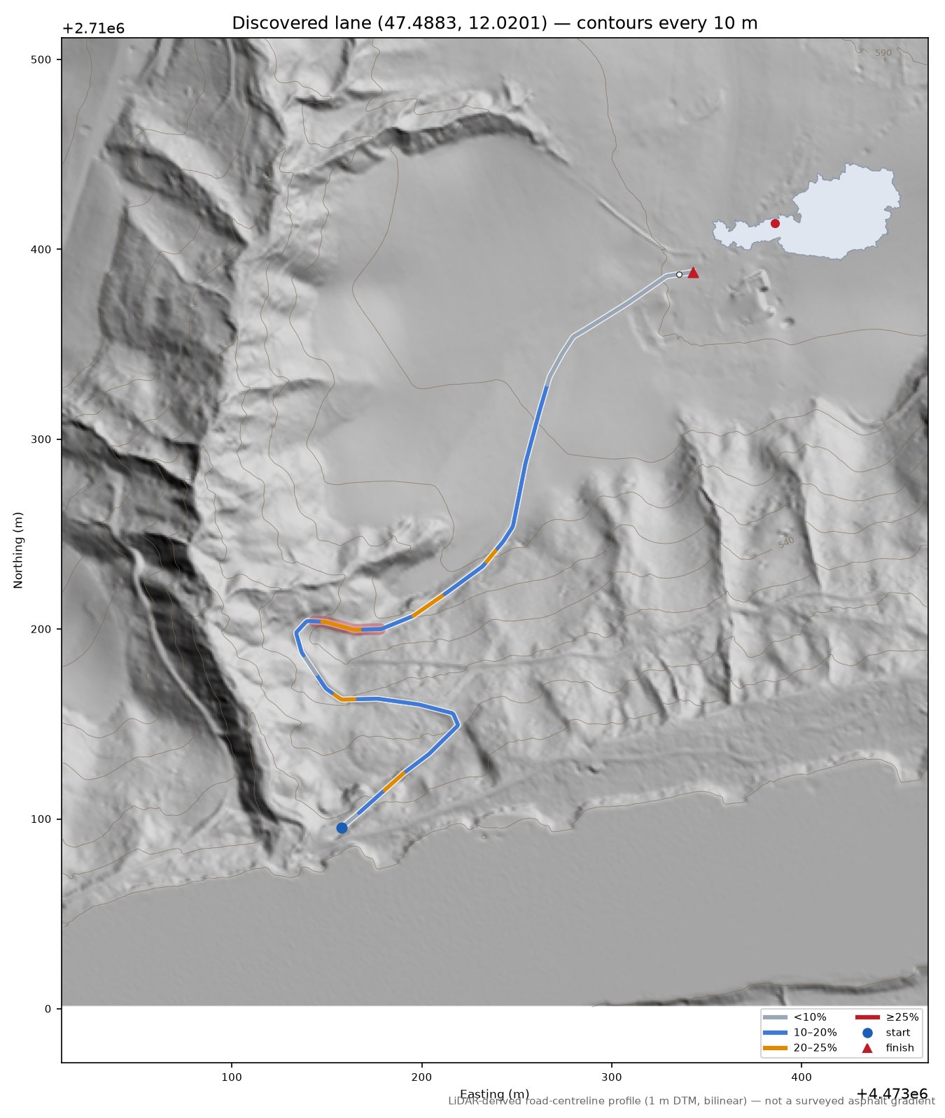 Discovered lane (47.4883, 12.0201) LiDAR hillshade map with contours