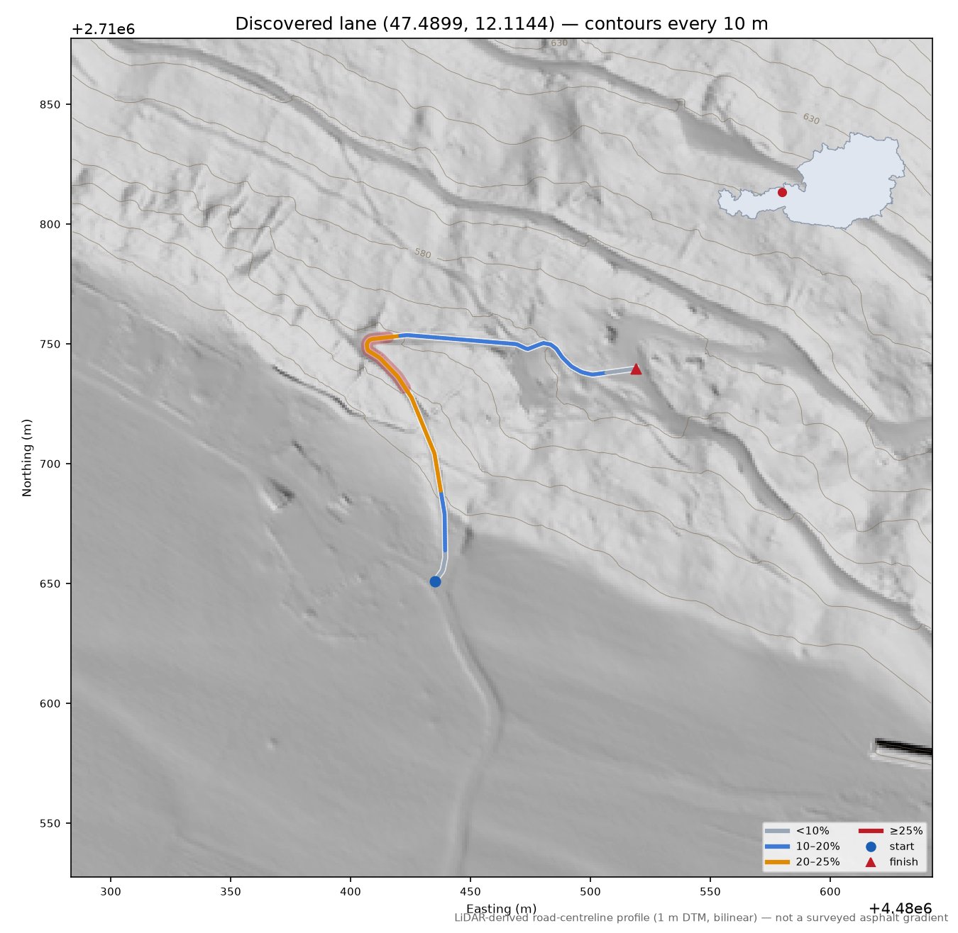 Discovered lane (47.4899, 12.1144) LiDAR hillshade map with contours