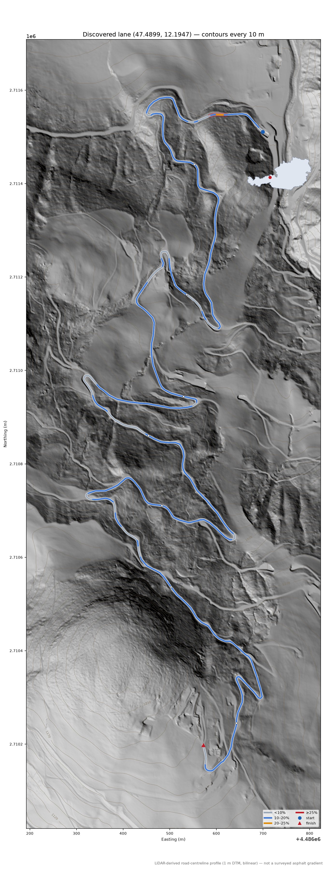 Discovered lane (47.4899, 12.1947) LiDAR hillshade map with contours