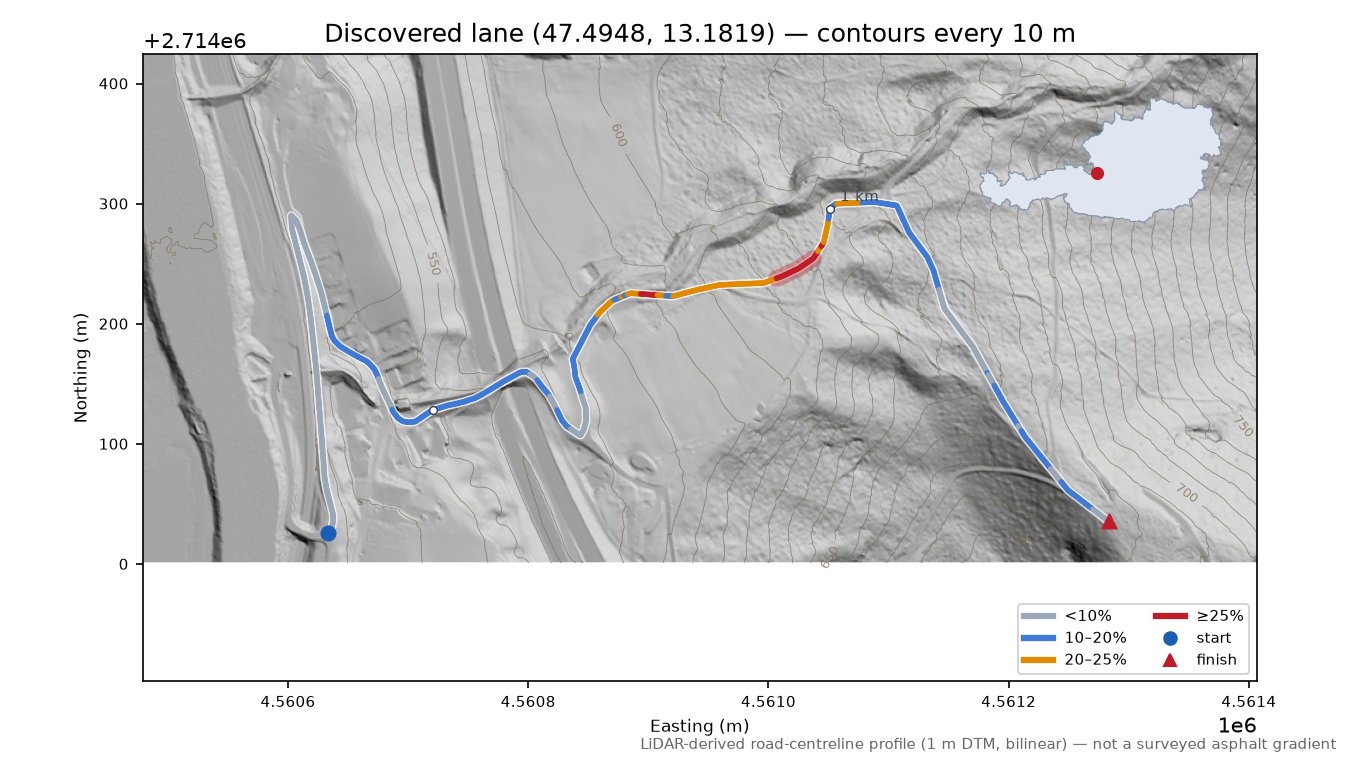 Discovered lane (47.4948, 13.1819) LiDAR hillshade map with contours