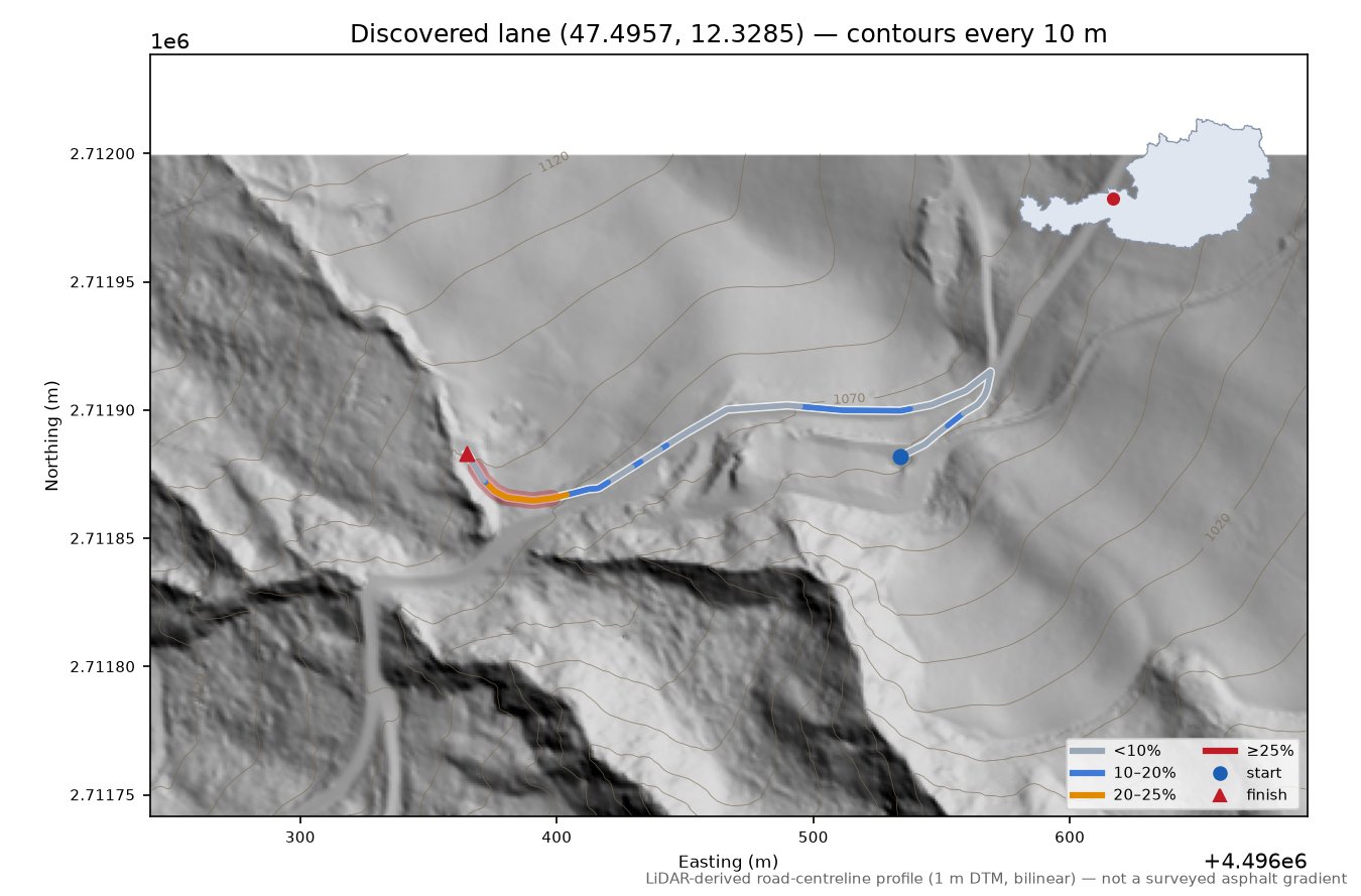 Discovered lane (47.4957, 12.3285) LiDAR hillshade map with contours