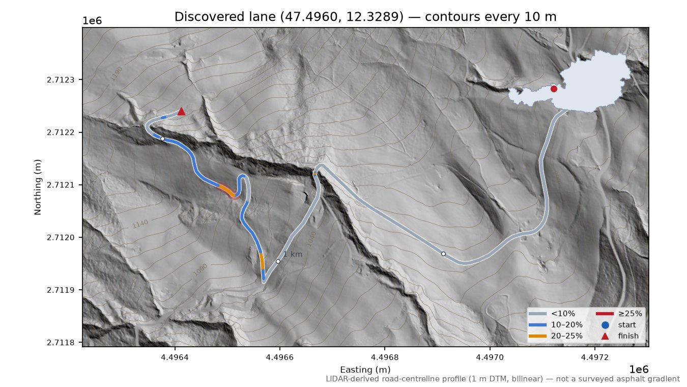 Discovered lane (47.4960, 12.3289) LiDAR hillshade map with contours