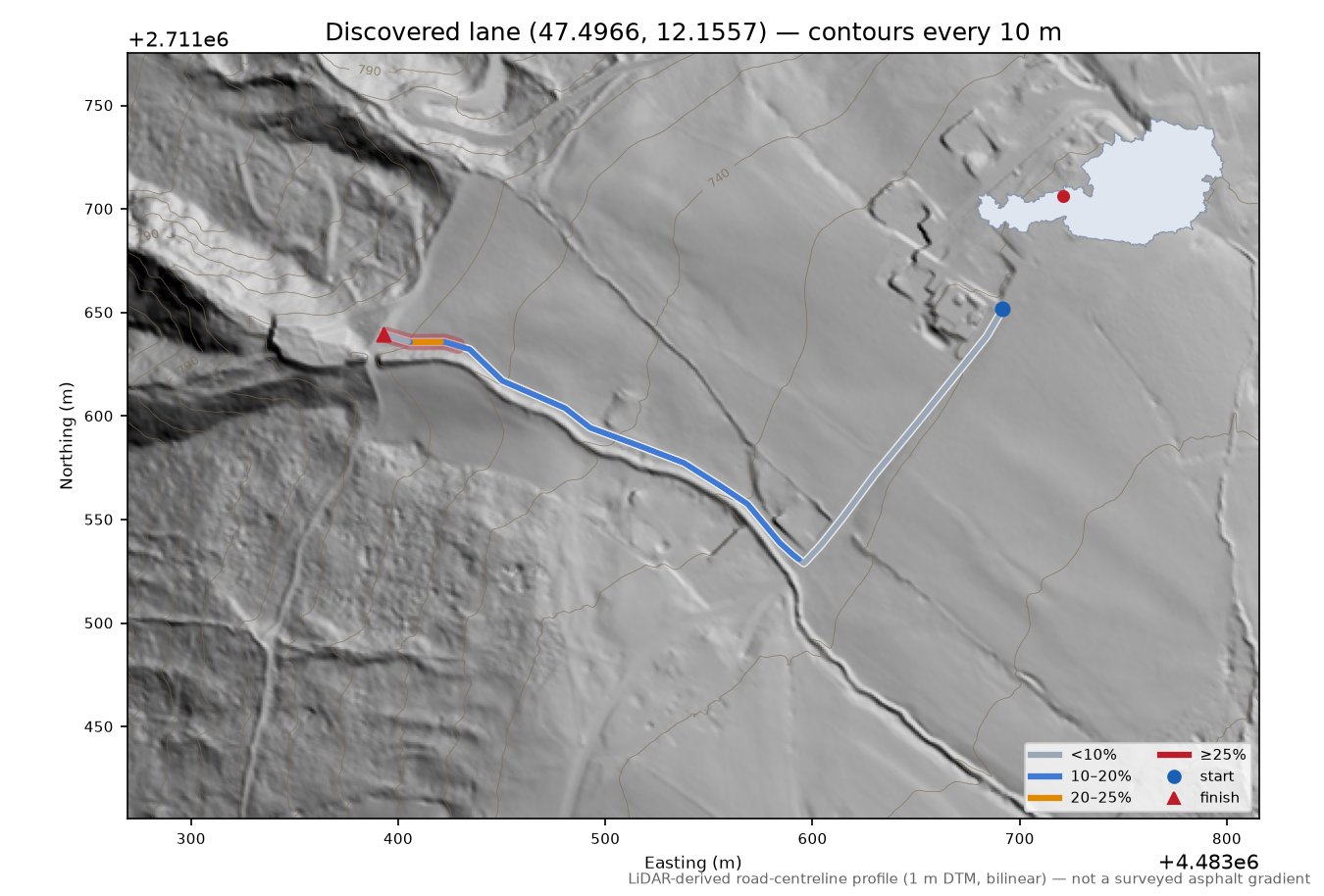 Discovered lane (47.4966, 12.1557) LiDAR hillshade map with contours