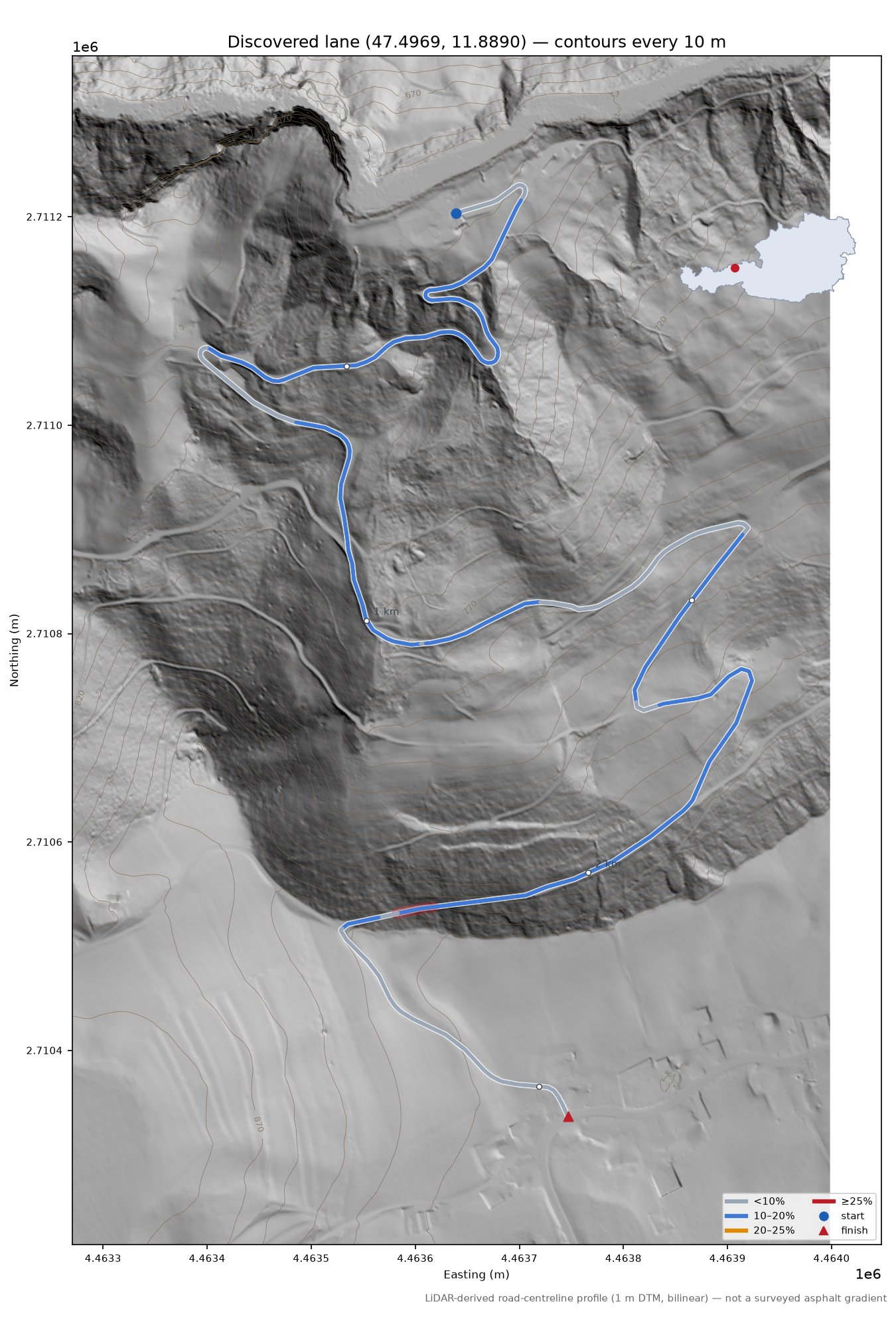 Discovered lane (47.4969, 11.8890) LiDAR hillshade map with contours