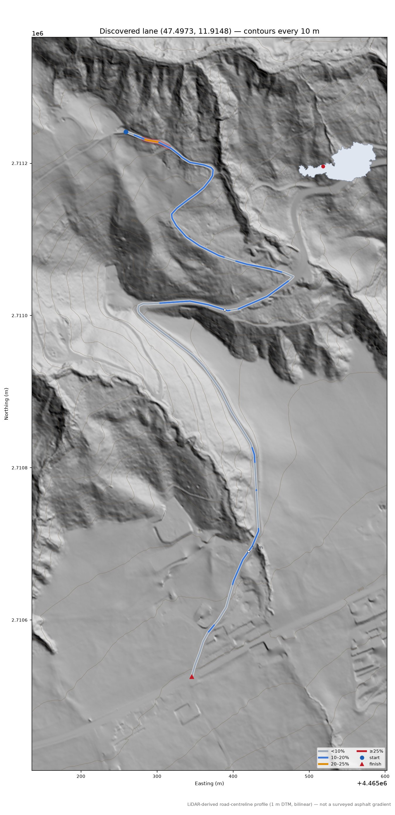 Discovered lane (47.4973, 11.9148) LiDAR hillshade map with contours