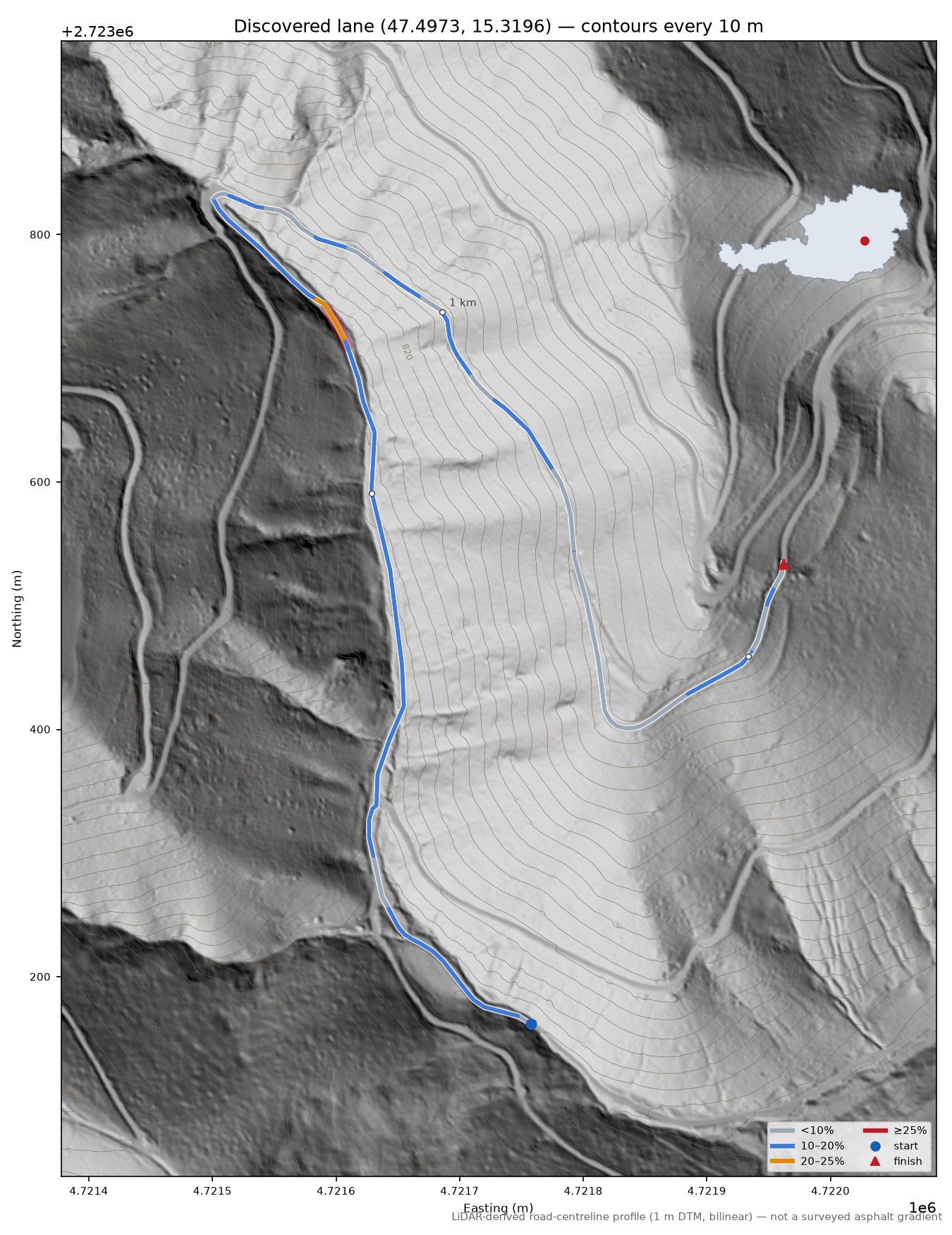 Discovered lane (47.4973, 15.3196) LiDAR hillshade map with contours