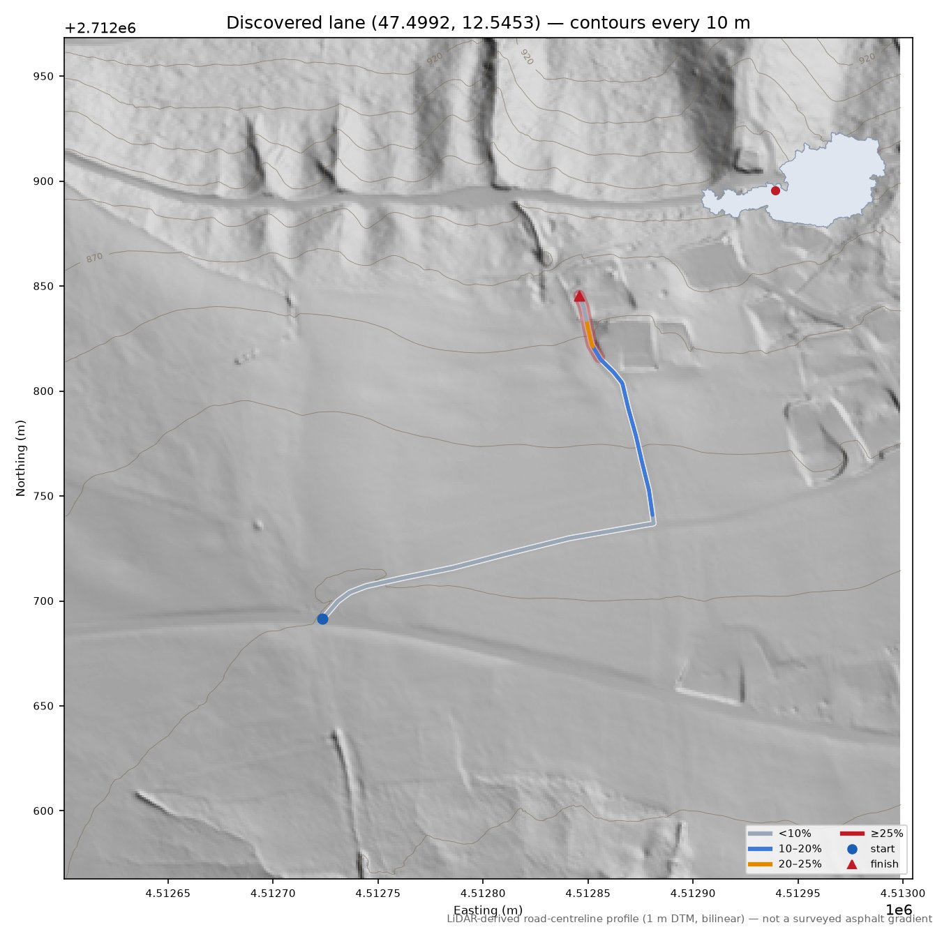 Discovered lane (47.4992, 12.5453) LiDAR hillshade map with contours