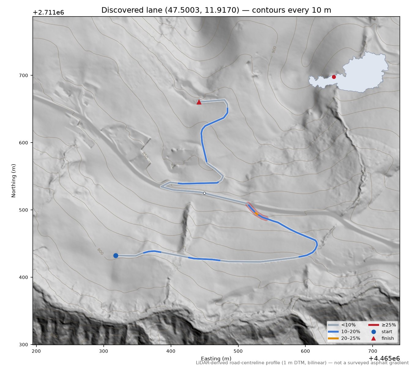 Discovered lane (47.5003, 11.9170) LiDAR hillshade map with contours