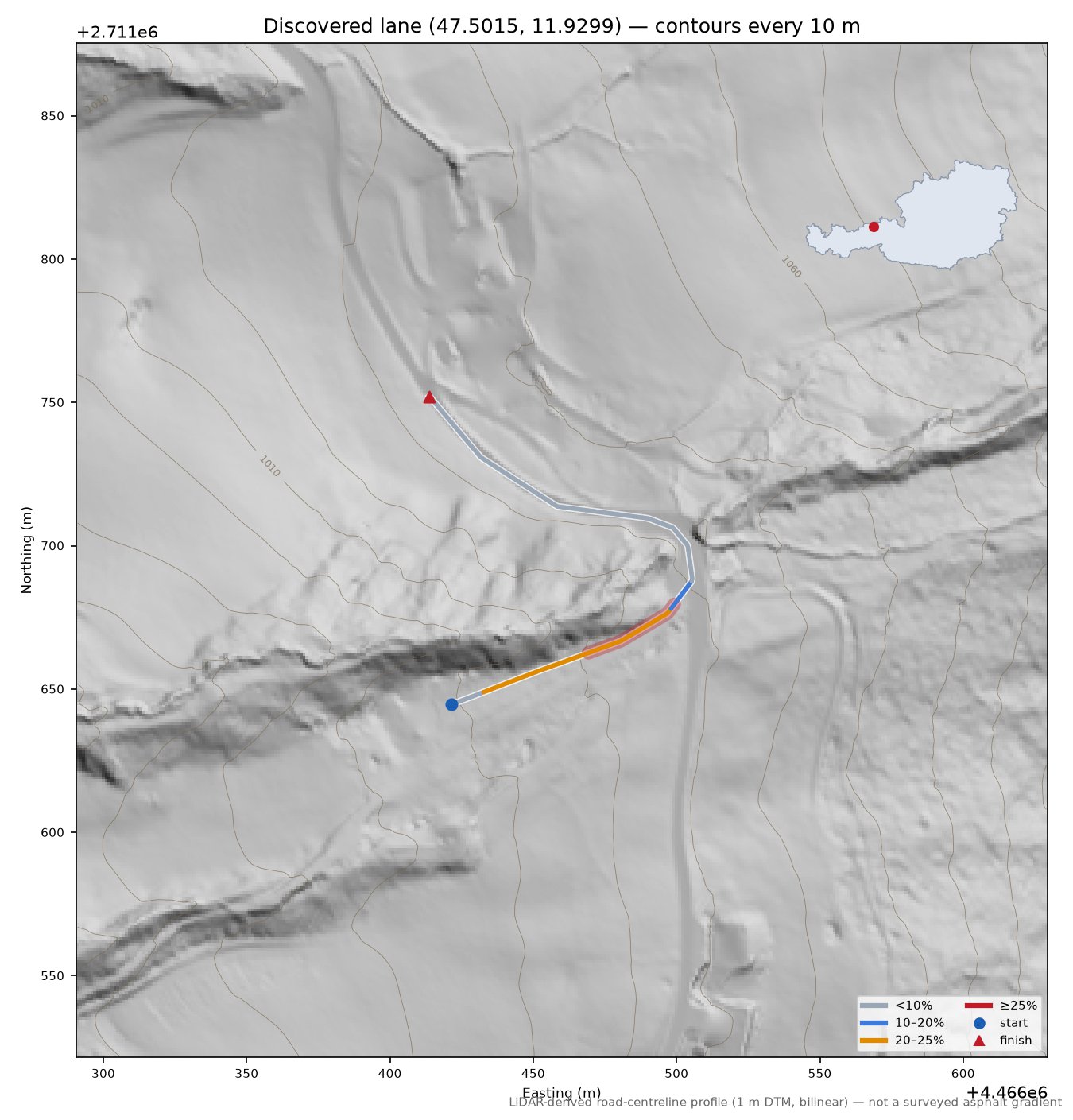 Discovered lane (47.5015, 11.9299) LiDAR hillshade map with contours